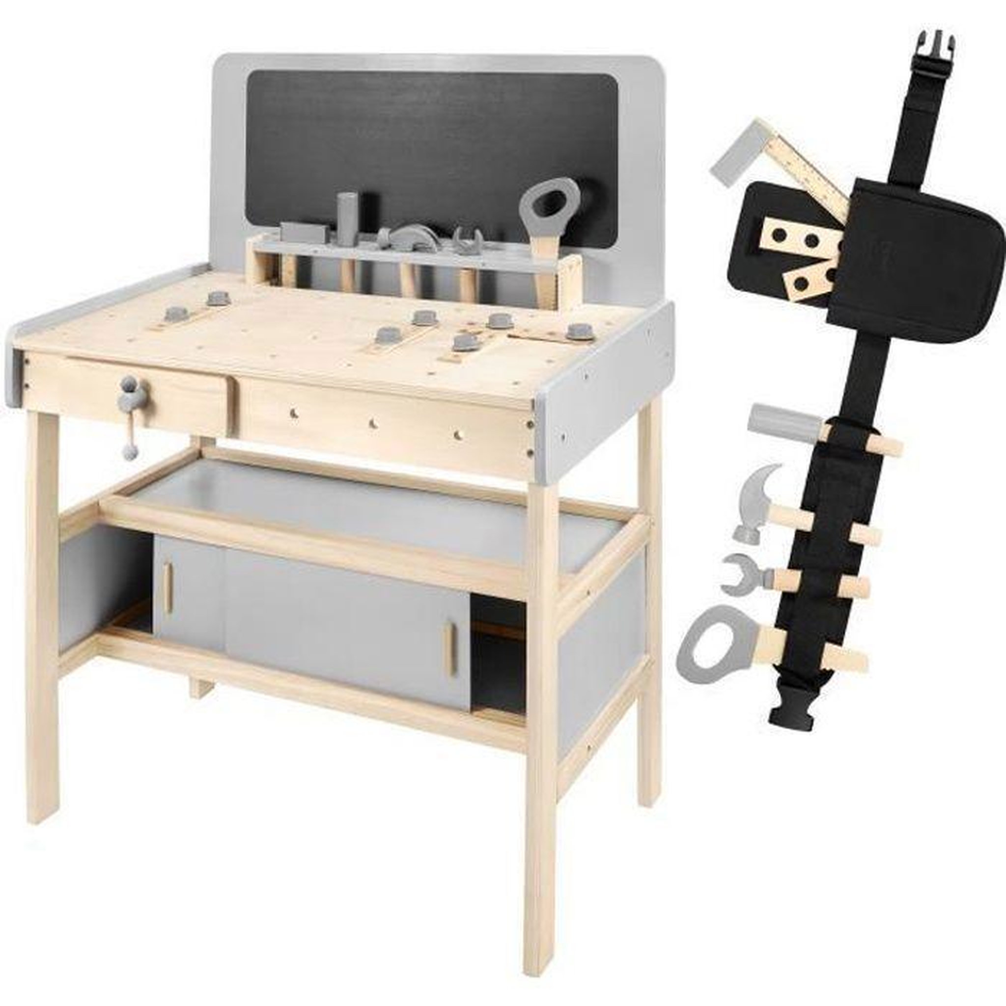 MAMABRUM Etabli Atelier de Bricolage en Bois pour Enfant +50 Pièces - Ceinture à Outils & Tableau