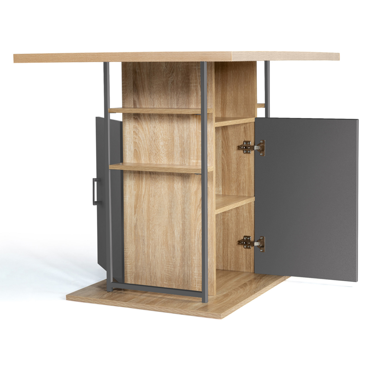 ID MARKET Ilot central UGO 110 cm bois gris et imitation hêtre avec rangements design industriel