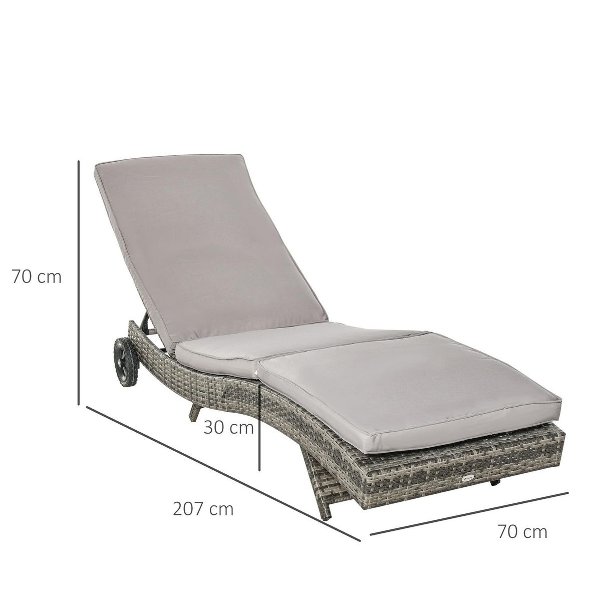 OUTSUNNY Bain de soleil transat grand confort - dossier inclinable 5 positions roulettes - matelas déhoussable inclus - résine tressée grise