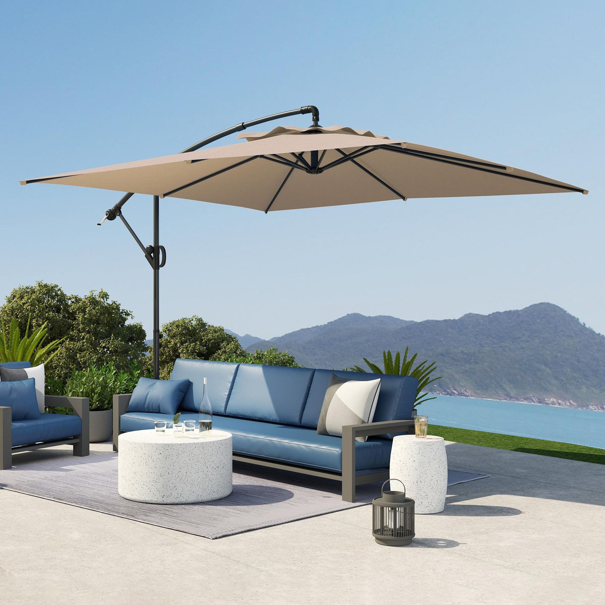 OUTSUNNY Parasol déporté carré 3 x 3 m réglable piètement croix manivelle tissu haute densité 180g/m² UPF50+ kaki