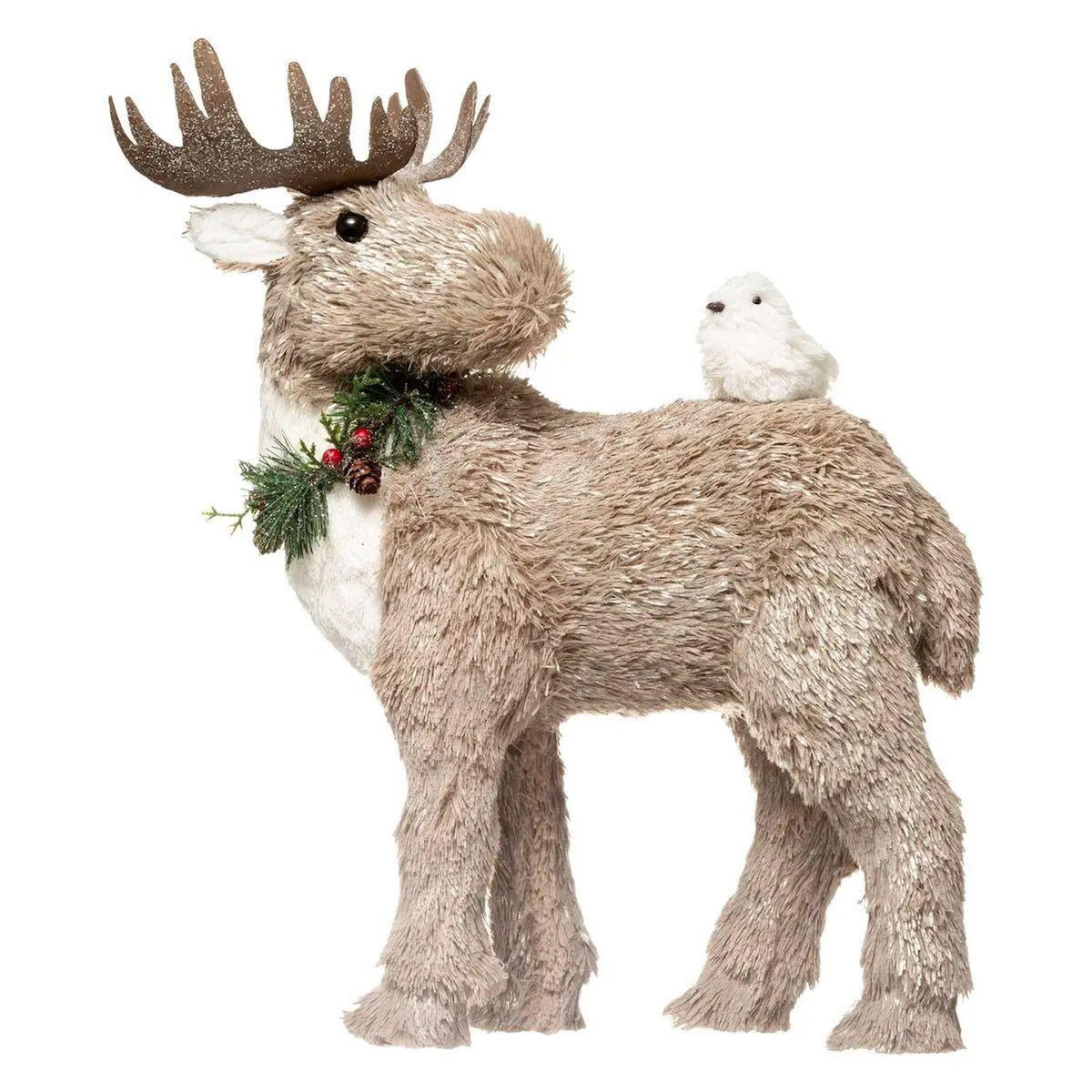 ATMOSPHERA Renne avec Oiseau Déco  Marron Glacé  41cm Beige