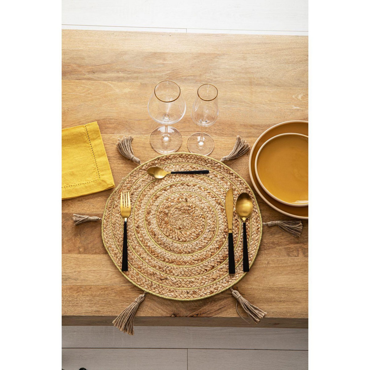 TOILINUX Lot de 6 sets de table en jute avec pompons - Diamètre 38 cm - Beige