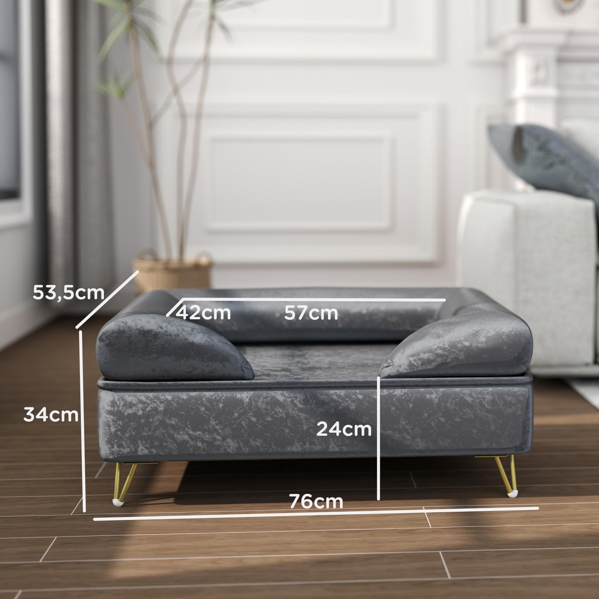 Voir la diapositive 3 : PAWHUT Canapé pour chien design - dim. 76l x 53,5l x 34h cm - piètement épingle métal doré velours gris