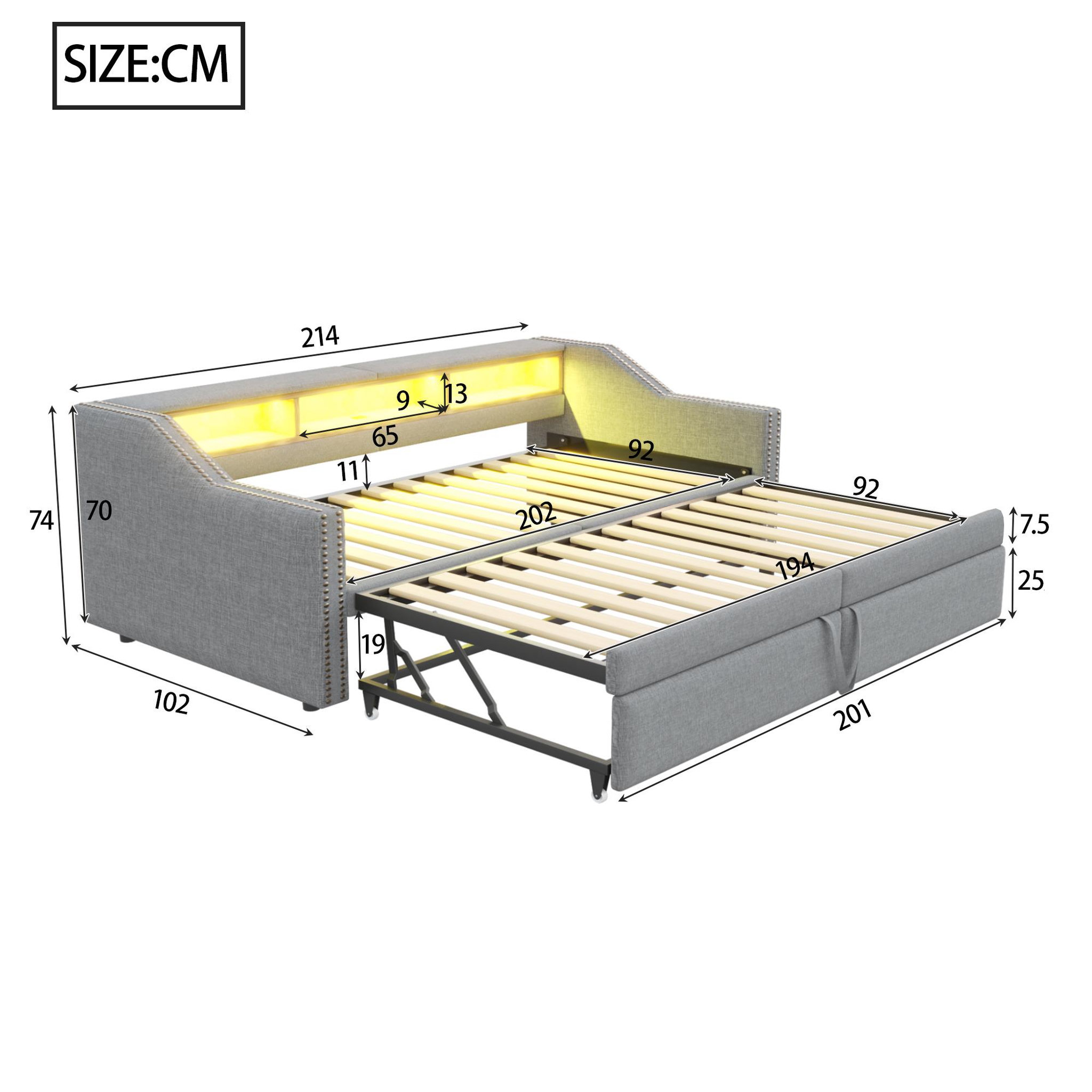 Voir la diapositive 3 : MERAX Lit banquette gigogne rembourré 90x200cm