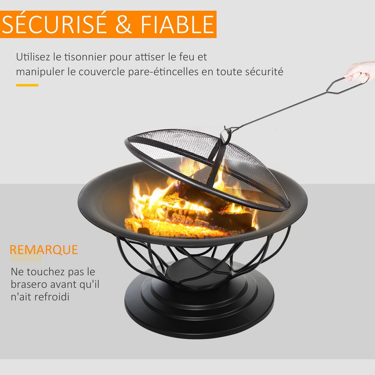 OUTSUNNY Brasero boule de feu cheminée foyer extérieur Ø 75 x 55H cm grille à charbon + cuisson couvercle tisonnier métal noir