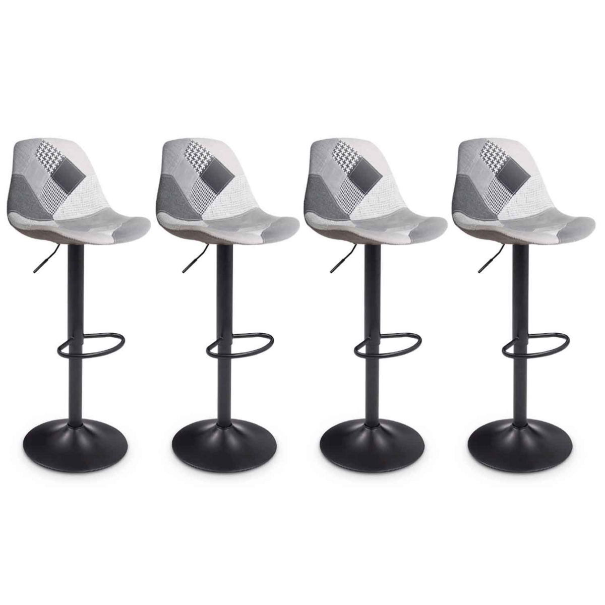 ID MARKET Lot de 4 tabourets de bar KARL design patchworks noirs, gris et blancs pied noir