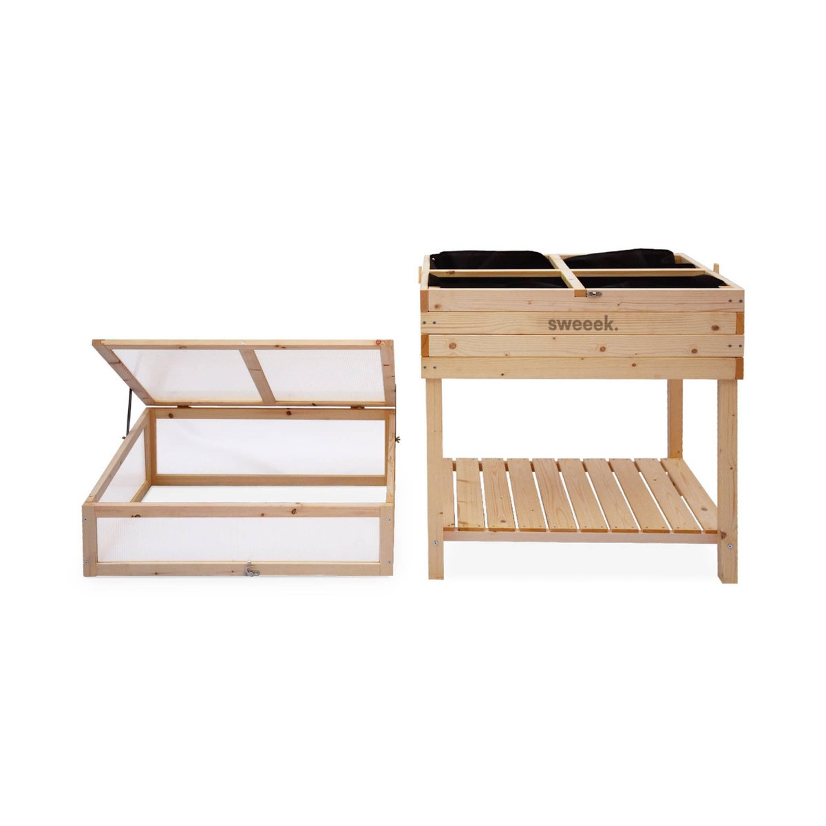 SWEEEK Potager en bois sur pieds et serre en polycarbonate amovible. ERABLE. 2 en 1. avec étagère et géotextile. 80 x 60 x 109 cm