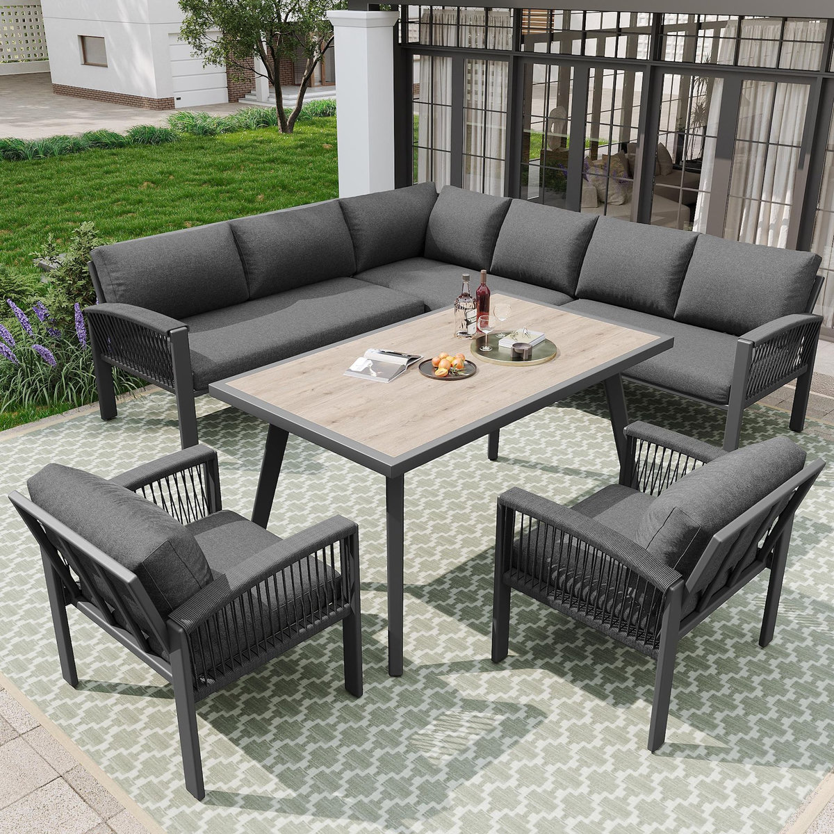 MERAX Salon de jardin 8 places en fer avec table aspect bois, pieds réglables, coussins fournis, gris