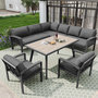 Voir la diapositive 2 : MERAX Salon de jardin 8 places en fer avec table aspect bois, pieds réglables, coussins fournis, gris