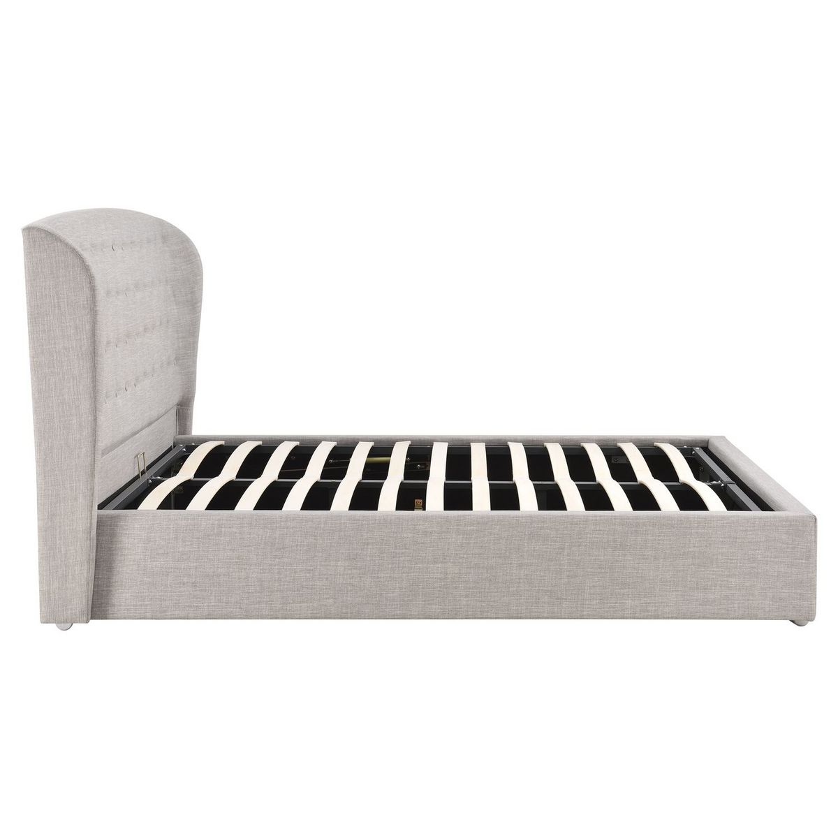 lit coffre avec sommier relevable et tête de lit arrondie capitonnée en tissu gris clair 140x190 cm DUC