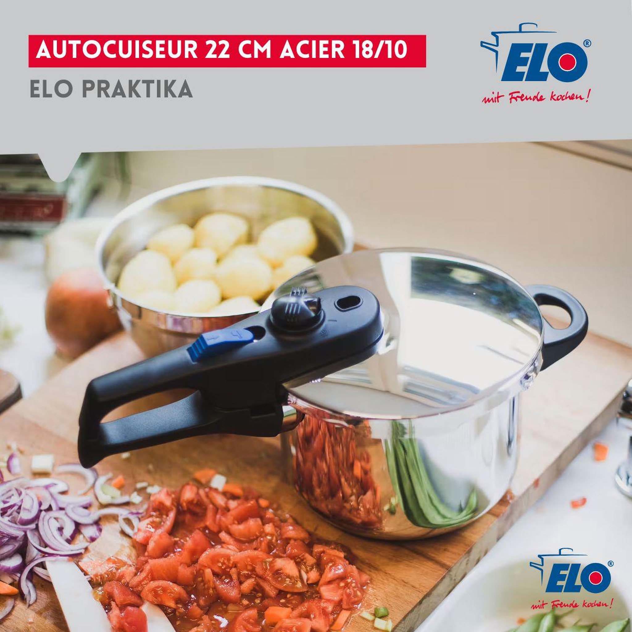 Voir la diapositive 2 : ELO Autocuiseur vapeur en acier inoxydable 18/10 22 cm 4 litres elo praktika
