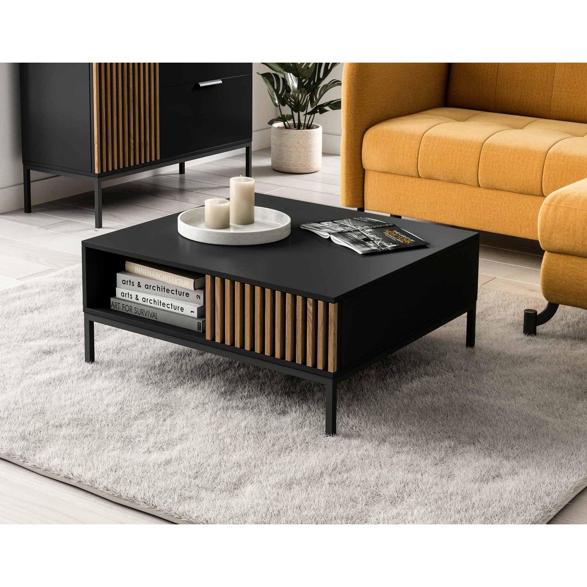 BEST MOBILIER Savanna - table basse - effet bois et noir - 1 tiroir et 1 niche - 80 cm