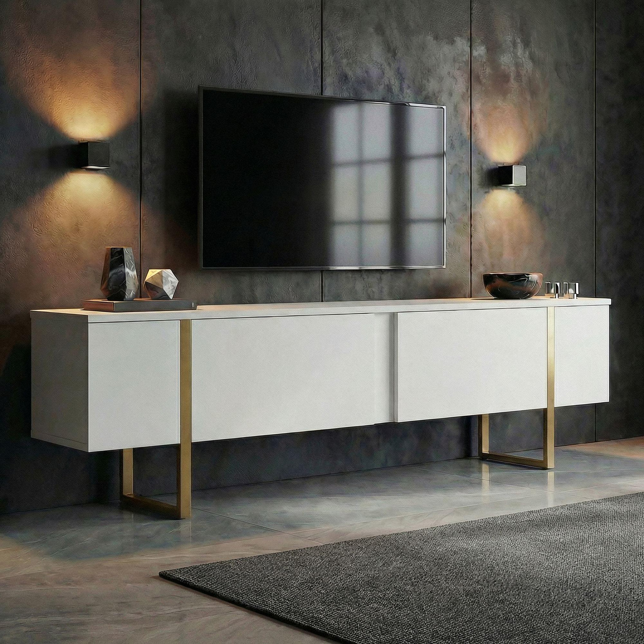 Voir la diapositive 2 : Habitat et Jardin Meuble tv en bois  onera  - 180 x 30 x 50 cm - blanc / or