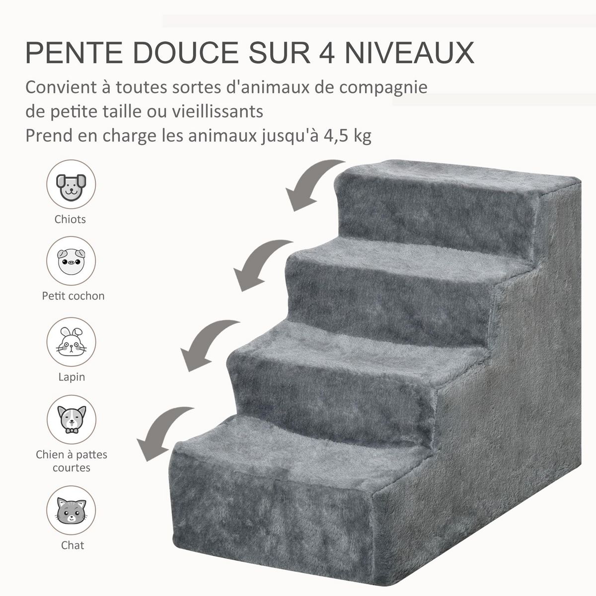 PAWHUT Escalier pour chat - escalier pour chien - 4 marches - revêtement flanelle grande douceur haute densité - structure panneaux particules - gris