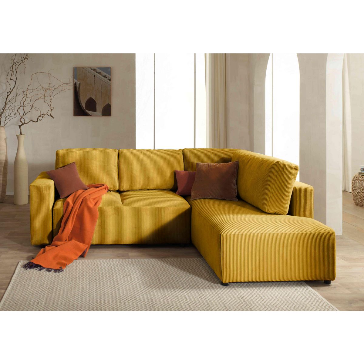 LISA DESIGN Livy - canapé d'angle convertible - avec coffre - en velours côtelé - 5 places - droit