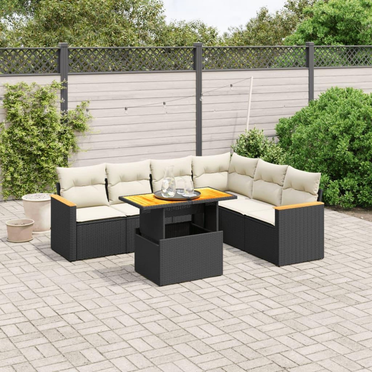 VIDAXL Salon de jardin 7 pcs avec coussins noir resine tressee