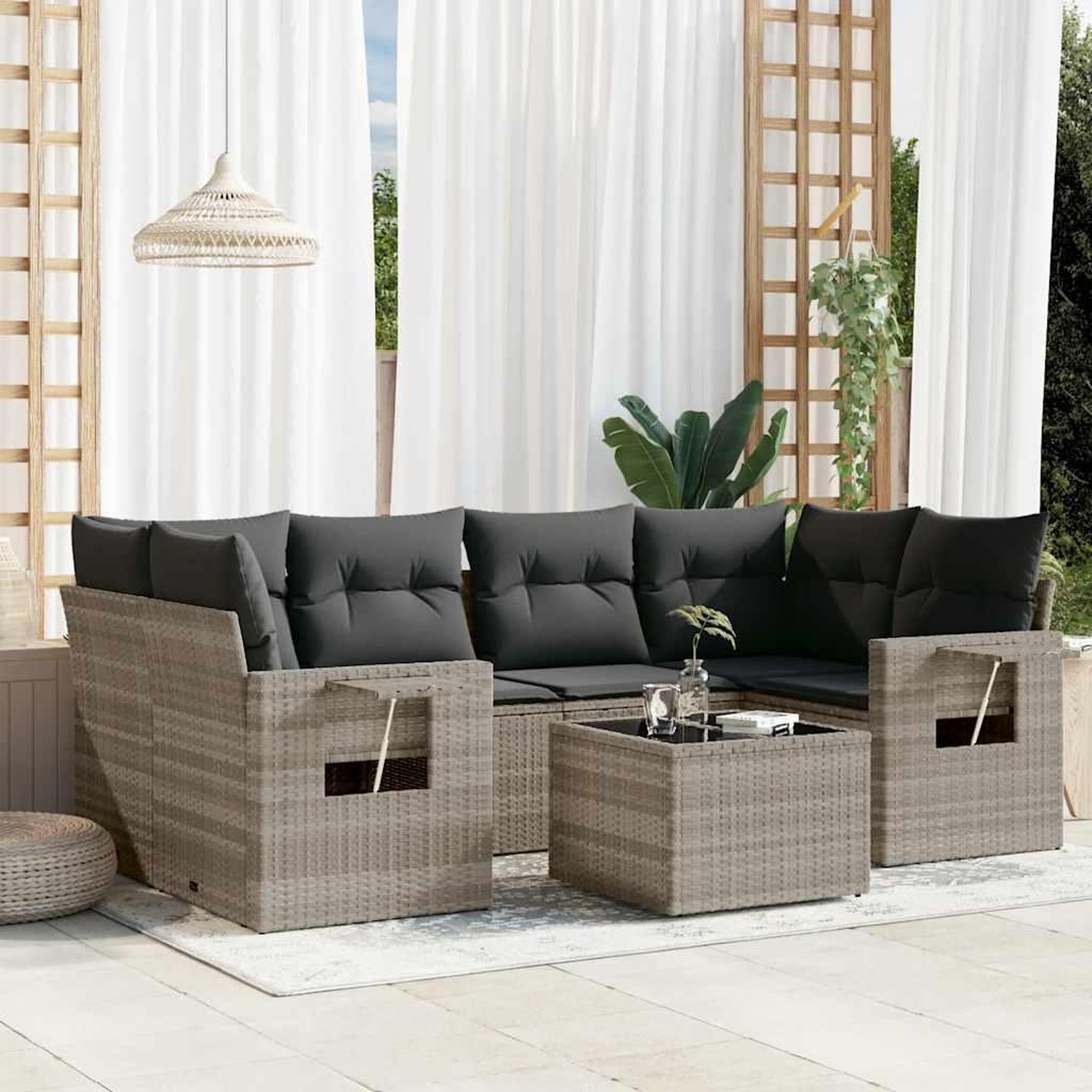 VIDAXL Salon de jardin avec coussins 7 pcs gris clair resine tressee