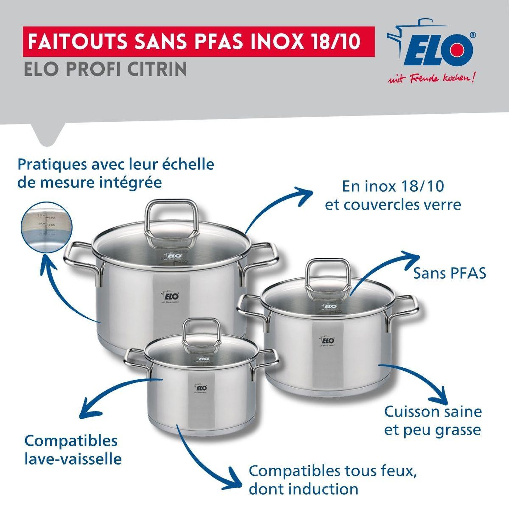 Voir la diapositive 3 : ELO Ensemble de 3 poêles de cuisson 24, 28 et 32 cm et 3 faitouts 14, 16 et 20 cm elo profi citrin