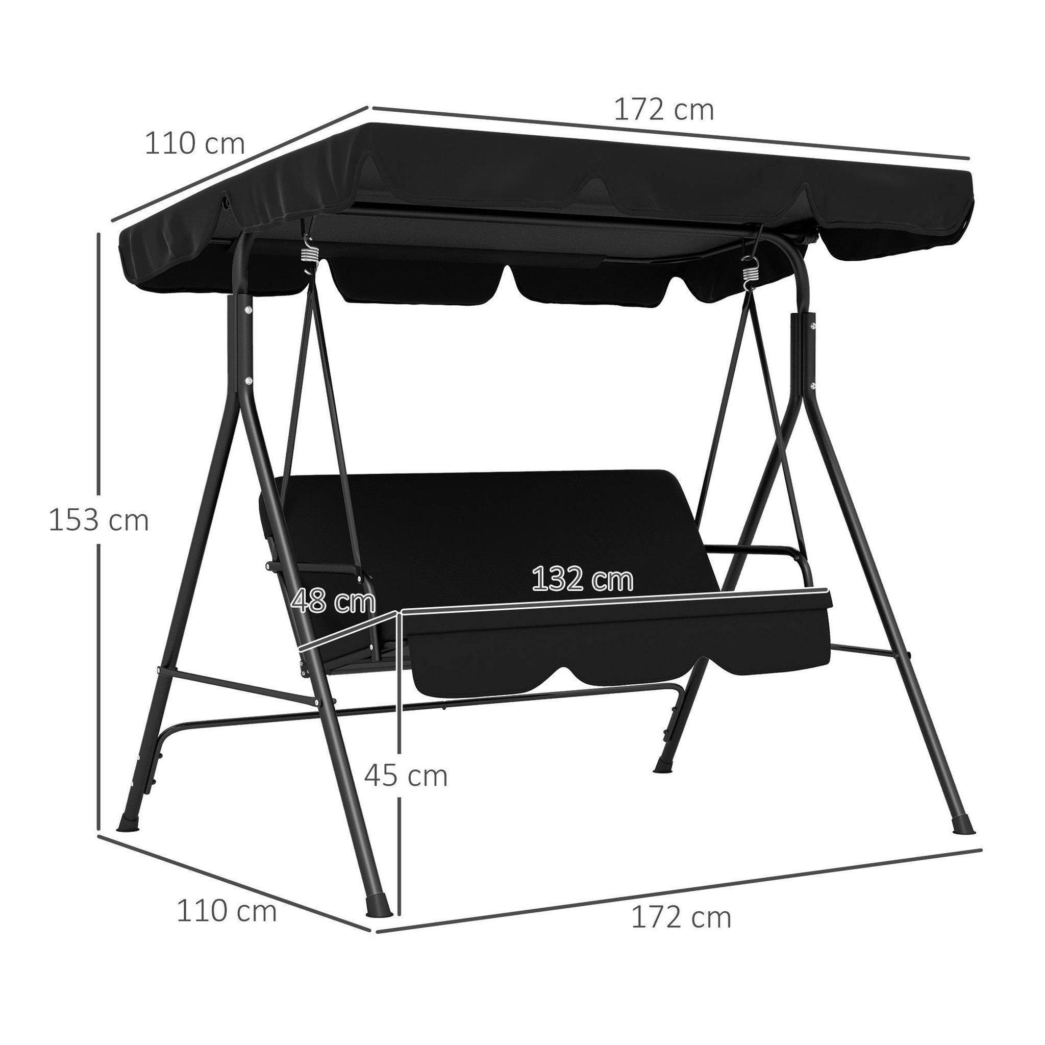 Voir la diapositive 3 : OUTSUNNY Balancelle de jardin 3 places toit réglable coussins assise dossier acier polyester noir