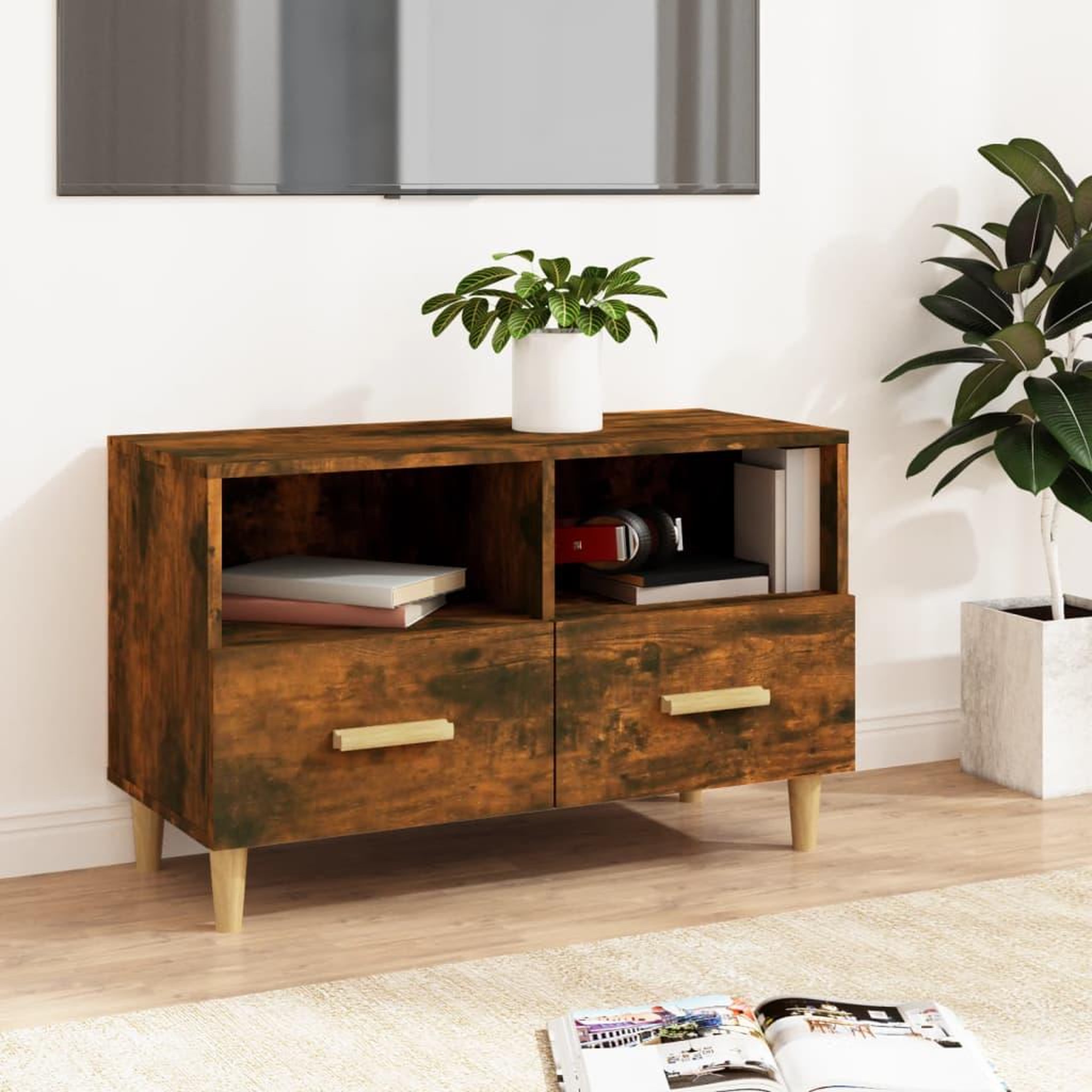 Voir la diapositive 1 : VIDAXL Meuble TV Chene fume 80x36x50 cm Bois d'ingenierie