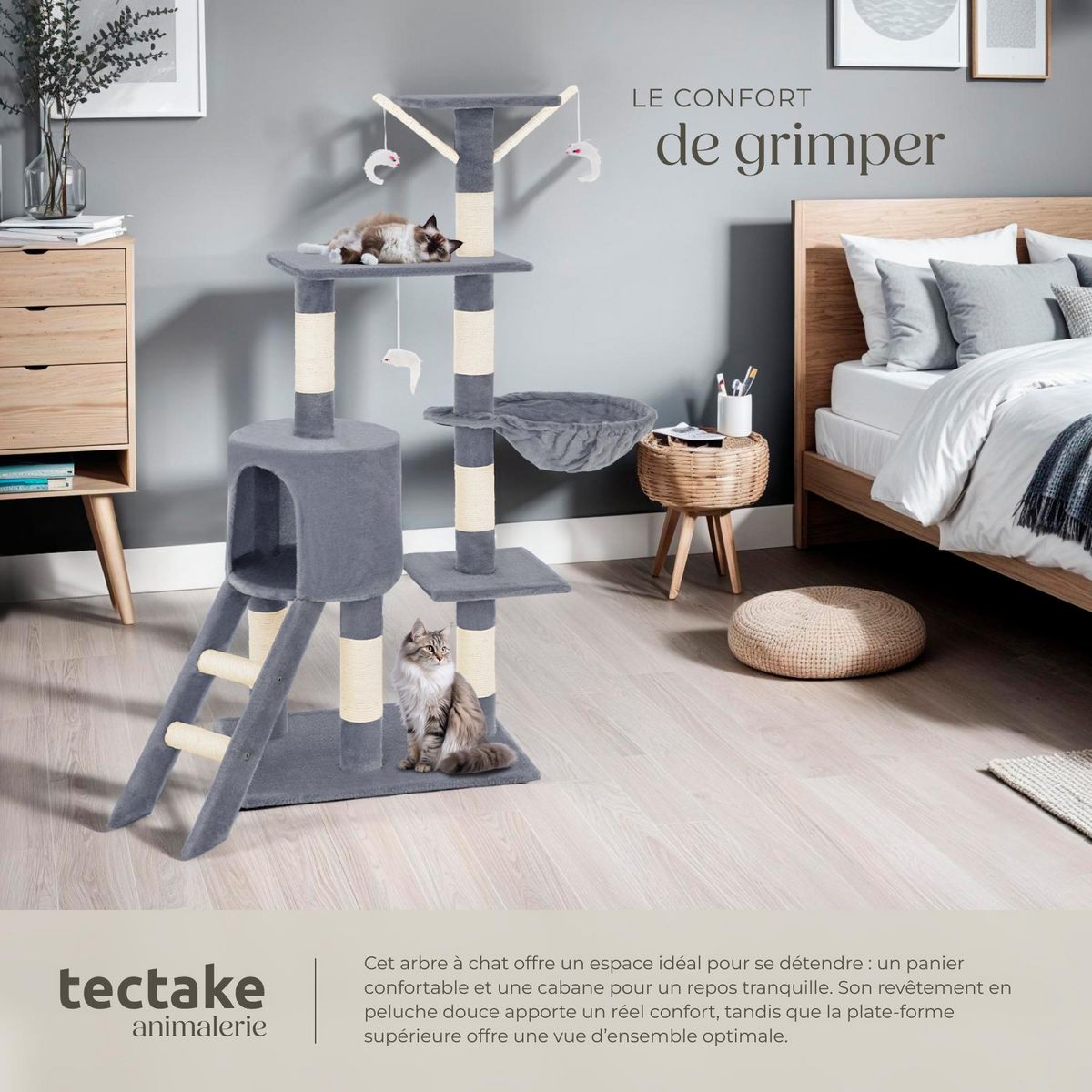 tectake Arbre à chat 144 cm avec griffoir et plateforme d'escalade gris