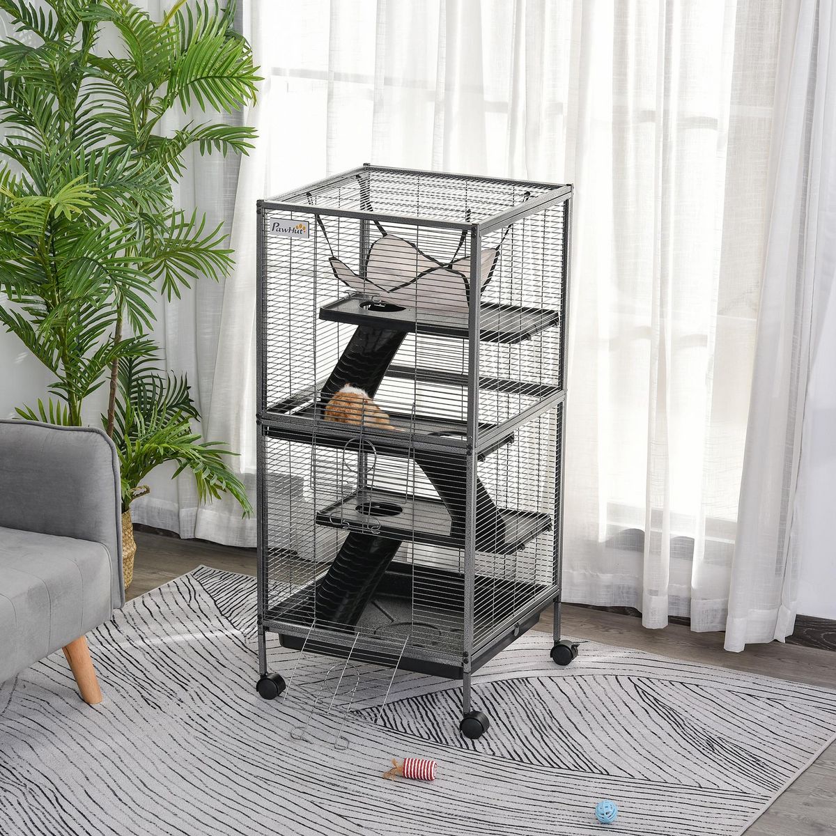 PAWHUT Cage pour petits animaux portable avec 2 portes hamac métal PP 52 x 52 x 113,5 cm