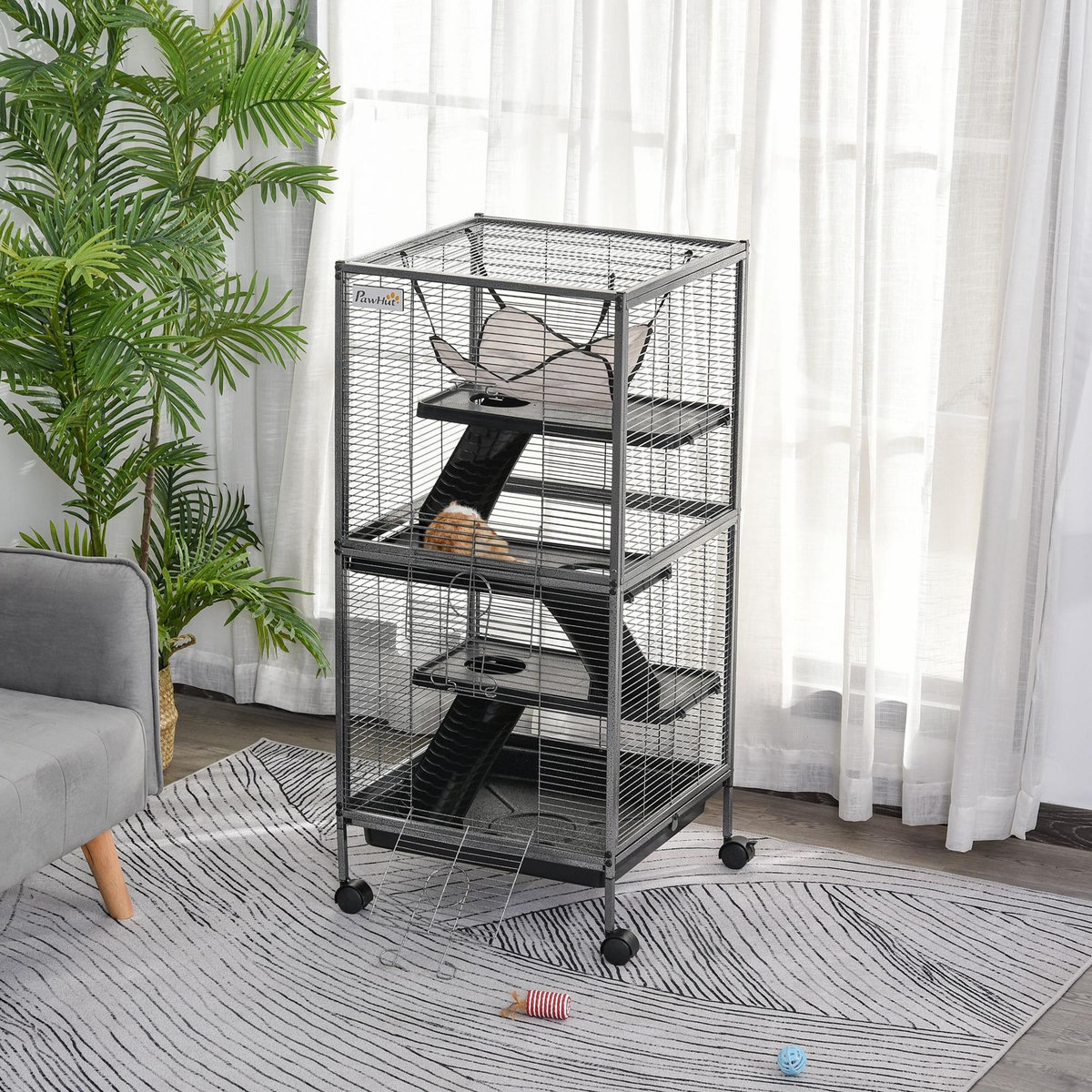 PAWHUT Cage pour petits animaux portable avec 2 portes hamac métal PP 52 x 52 x 113,5 cm