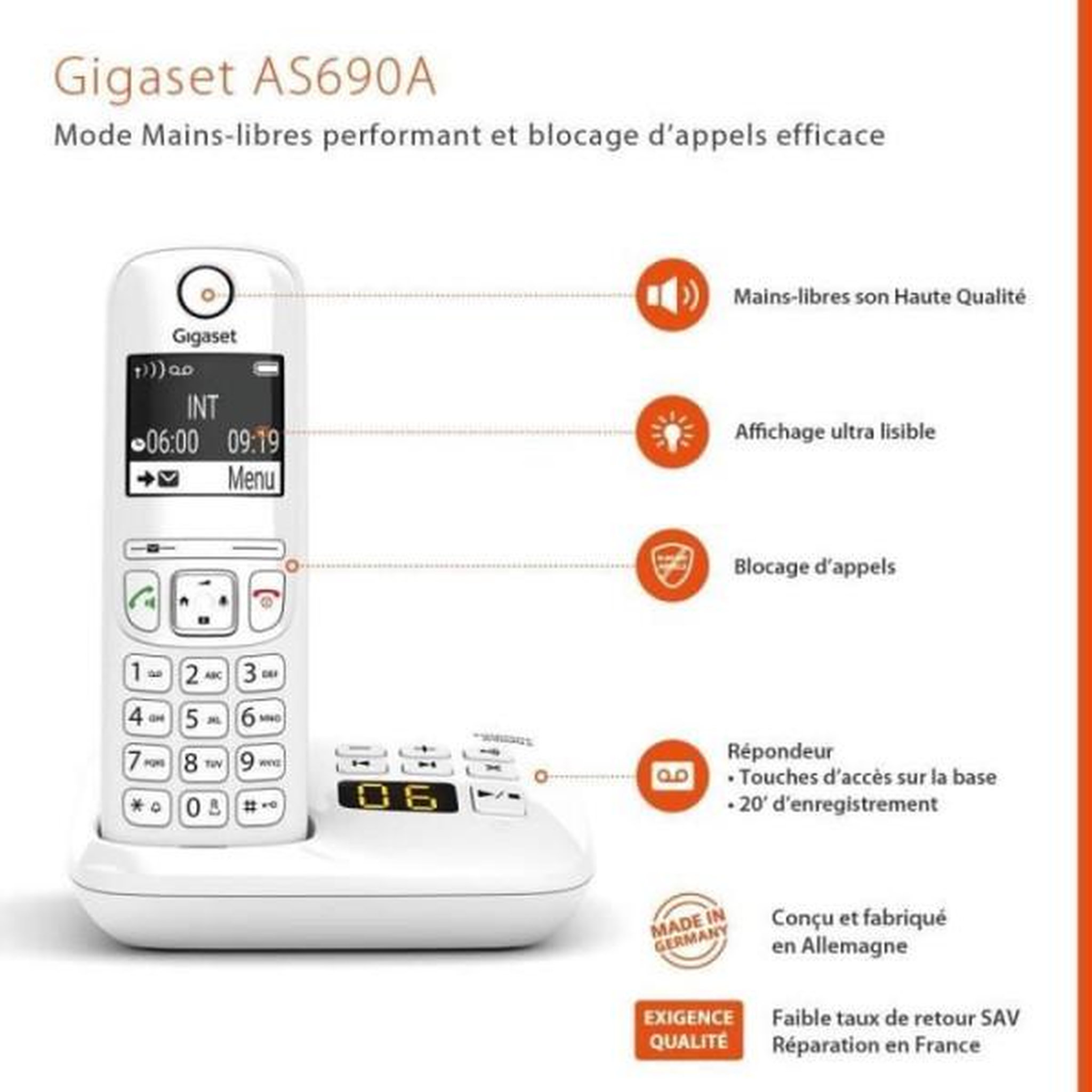 Voir la diapositive 4 : GIGASET Téléphone sans fil trio dect blanc avec répondeur - GIGAAS690ATRIOBLANC