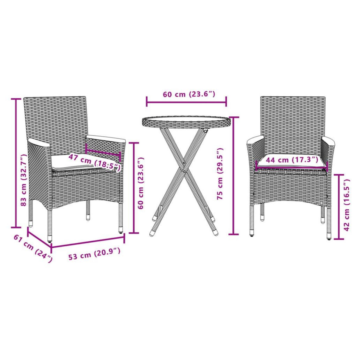 VIDAXL Ensemble de bistro avec coussins 3pcs noir resine tressee verre