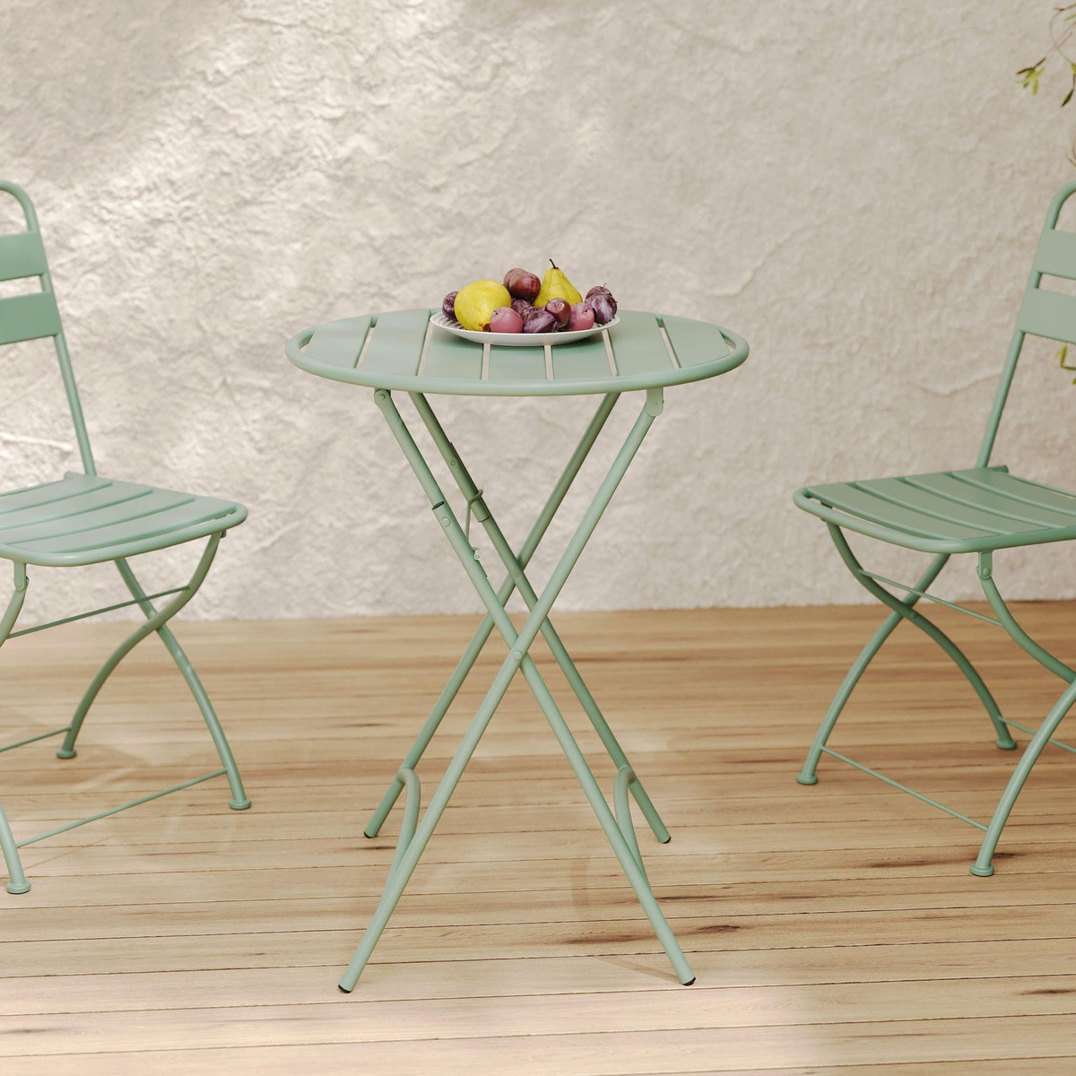 Rendez vous déco Table de jardin ronde et pliante en metal vert clair 2 personnes-Yumi