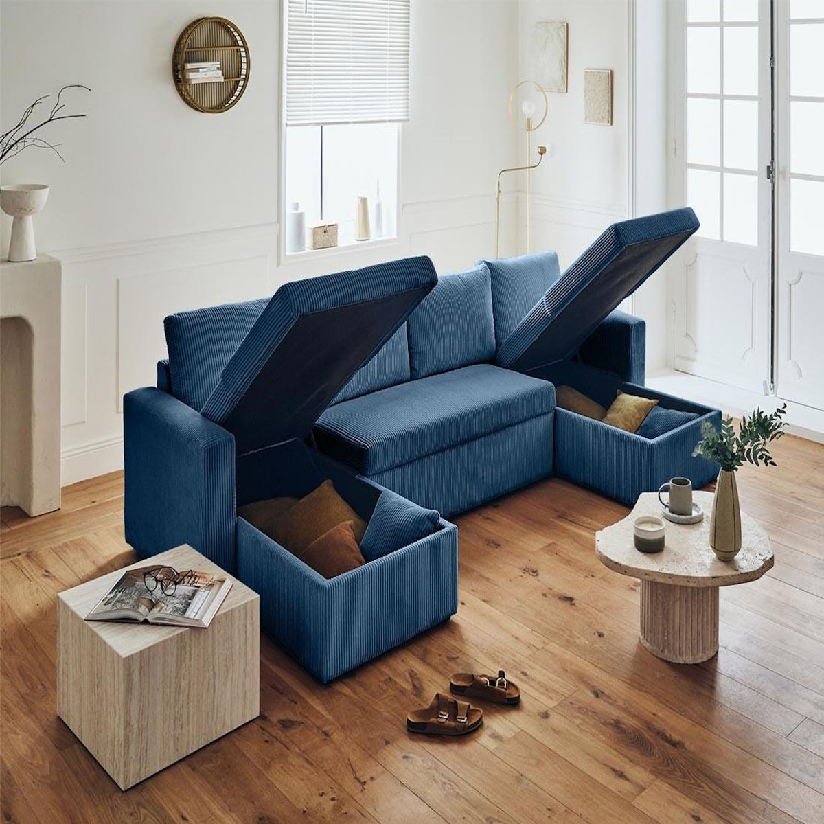 BEST MOBILIER Cyrus - canapé panoramique en u - 7 places - convertible avec coffre - en velours côtelé