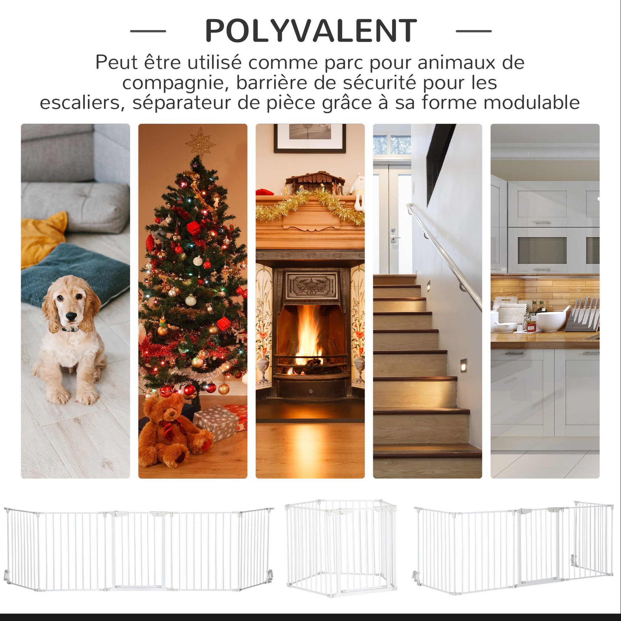 Voir la diapositive 5 : PAWHUT Barrière de sécurité parc enclos chien modulable pliable porte verrouillable intégrée 5 panneaux en métal 300l max. X 74,5h cm métal pp blanc