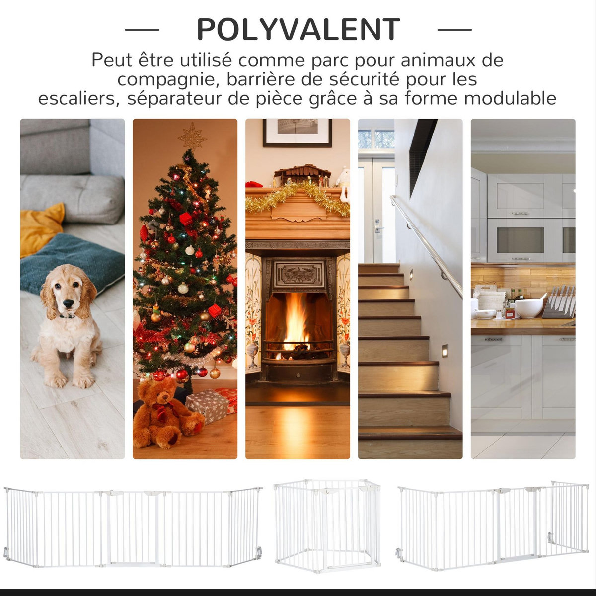 PAWHUT Barrière de sécurité parc enclos chien modulable pliable porte verrouillable intégrée 5 panneaux en métal 300L max. x 74,5H cm métal PP blanc