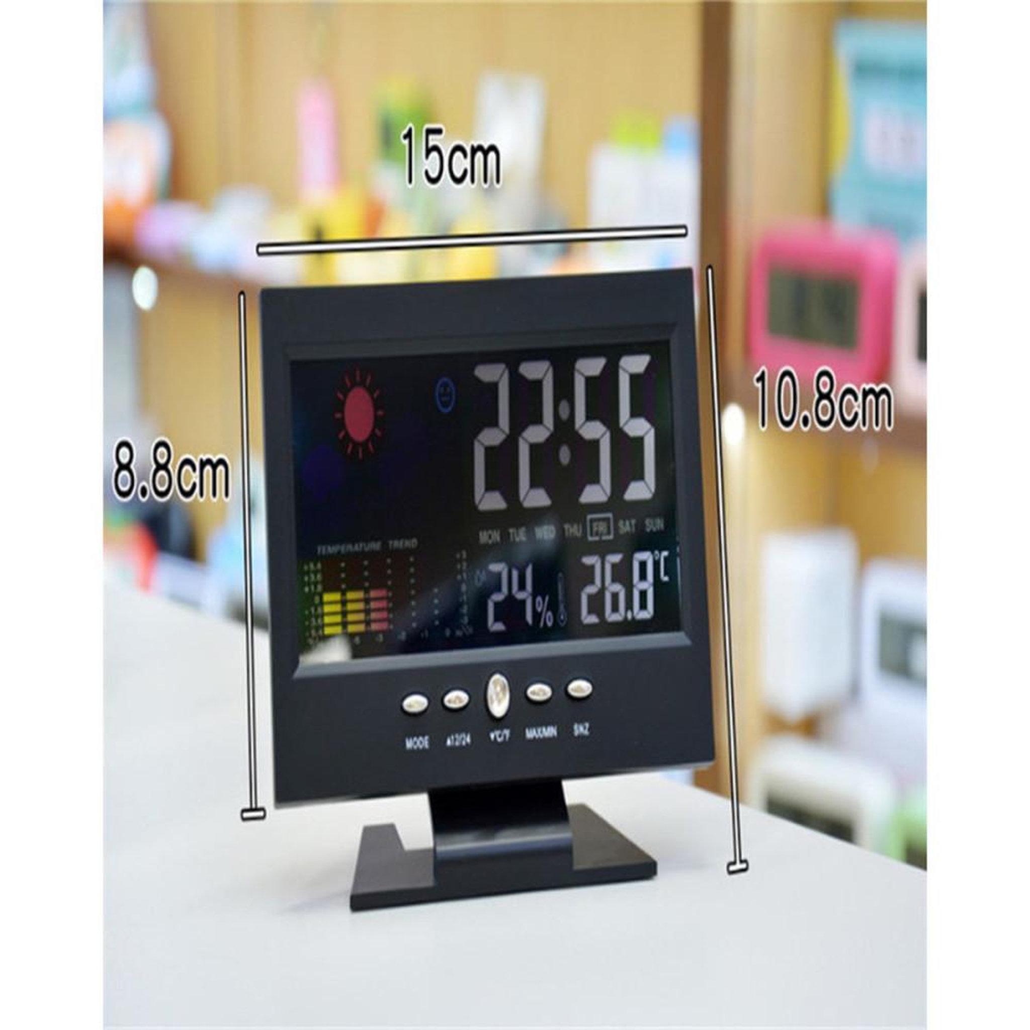 Voir la diapositive 6 : Réveil horloge numérique LCD rétroéclairé noir avec météo, température °C/°F et humidité, affichage heure, date et jour, graphique tendance et SNZ