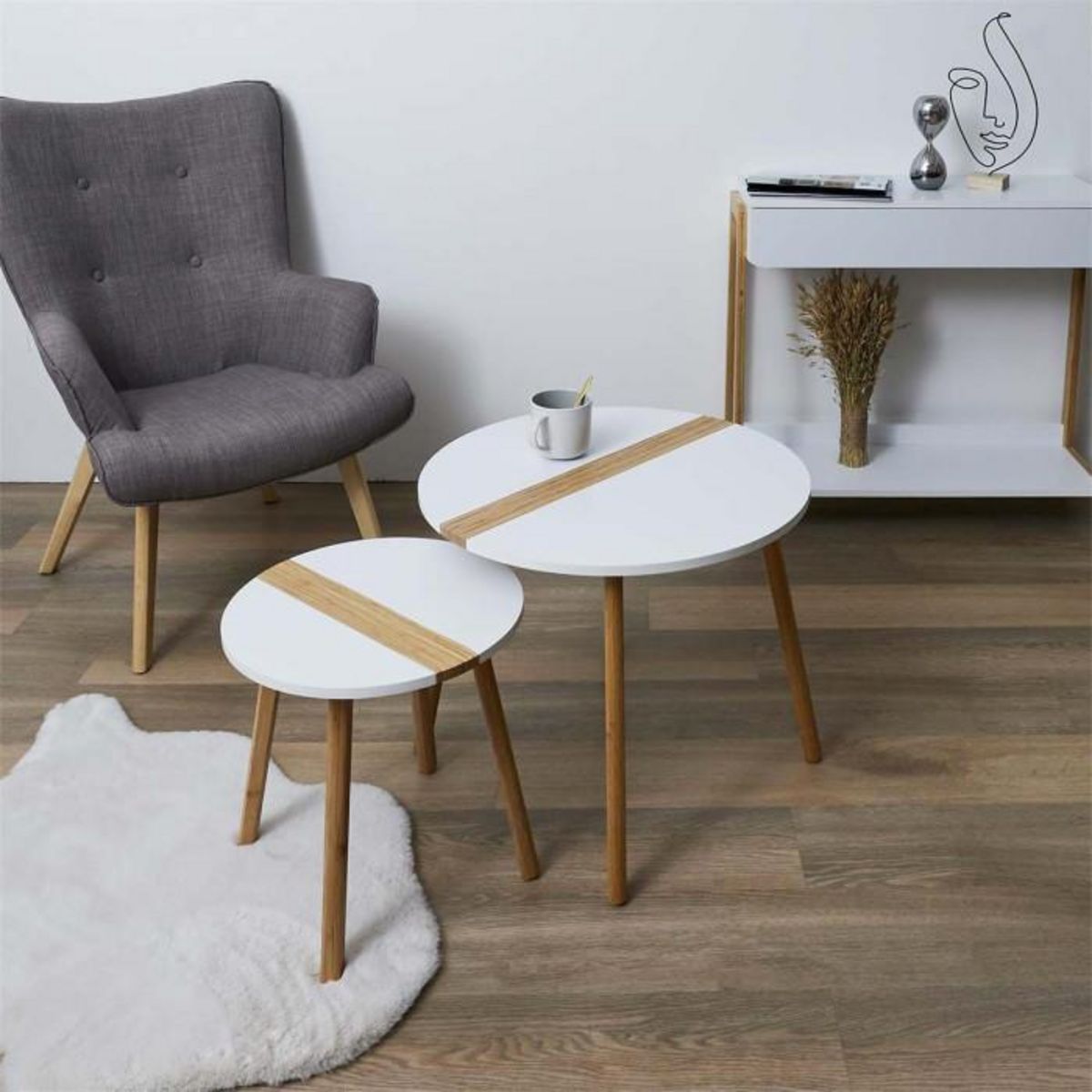 Paris Prix Lot de 2 Tables Gigognes  Relief Bicolore  60cm Blanc