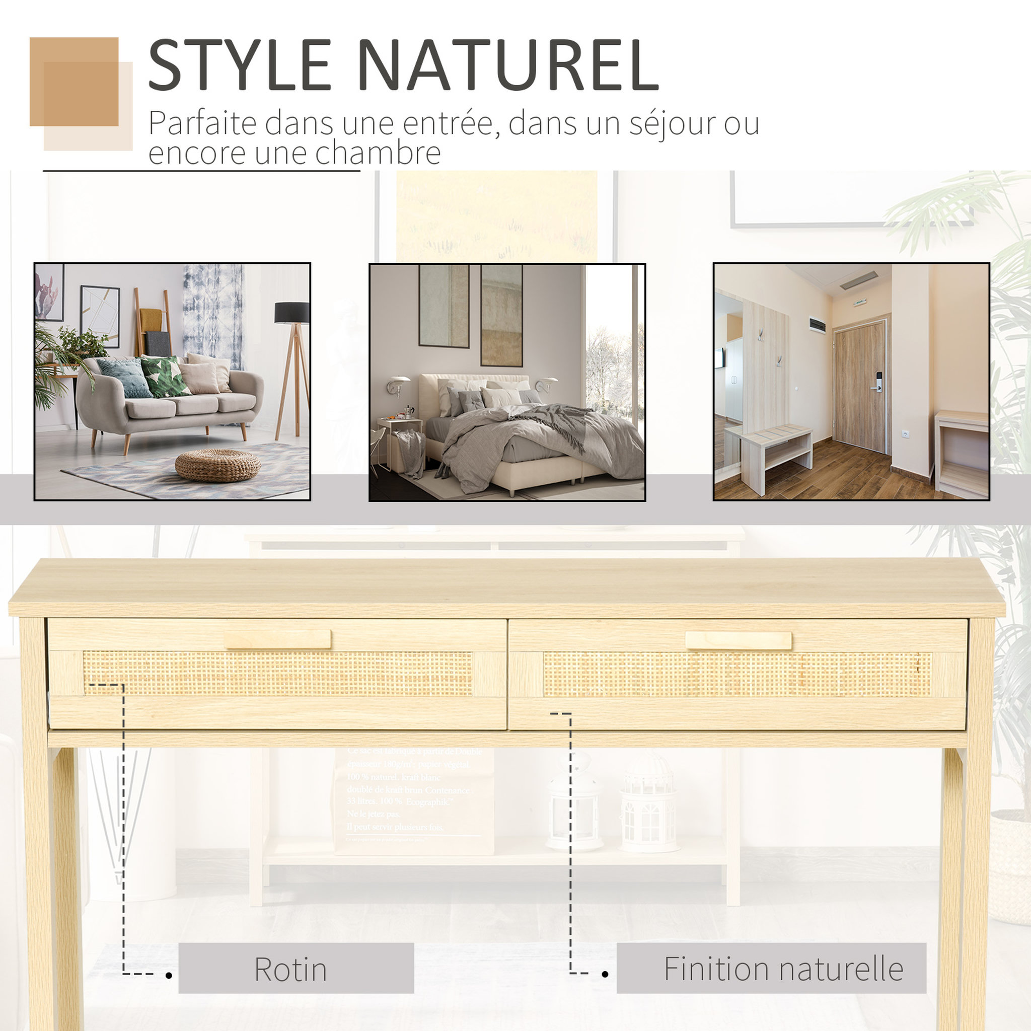 Voir la diapositive 4 : HOMCOM Console table d'appoint dim. 100L x 30l x 76H cm 2 tiroirs façades cannage en rotin étagère MDF aspect bois clair
