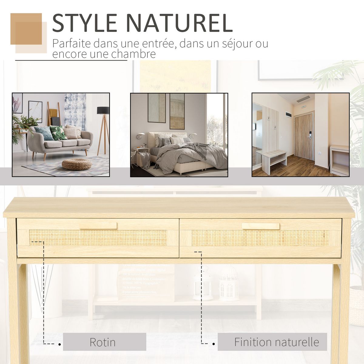 HOMCOM Console table d'appoint dim. 100L x 30l x 76H cm 2 tiroirs façades cannage en rotin étagère MDF aspect bois clair