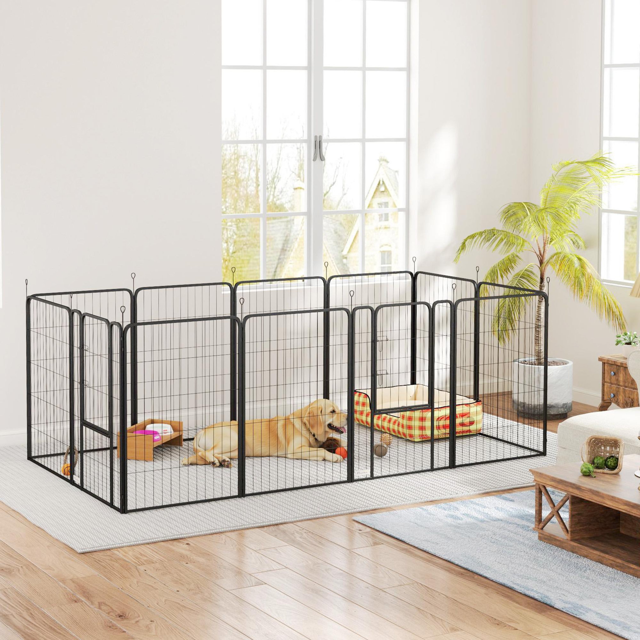 Voir la diapositive 2 : PAWHUT Parc enclos chien modulable pliable 12 panneaux porte verrouillable acier époxy noir