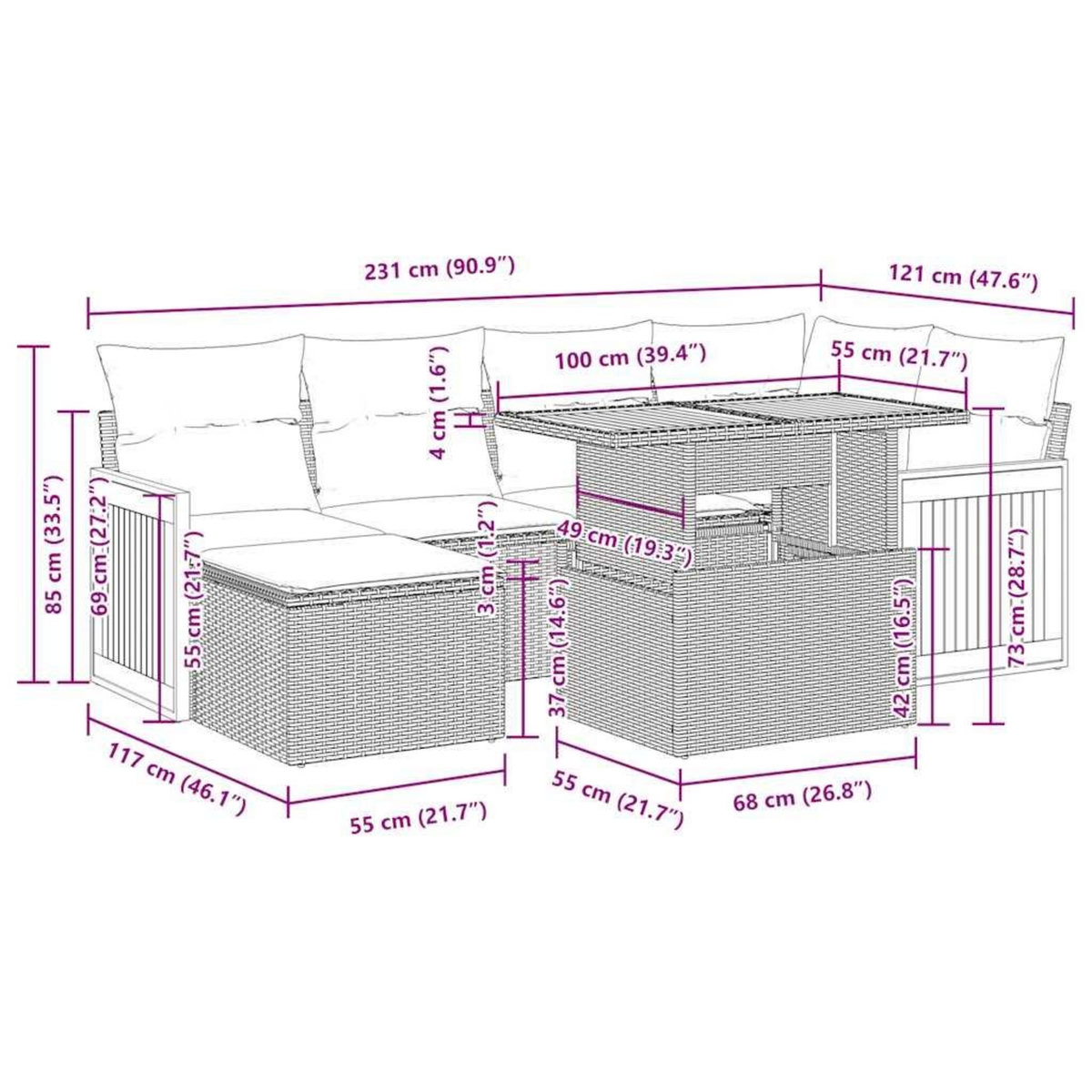 VIDAXL Salon de jardin avec coussins 7 pcs beige resine tressee acacia