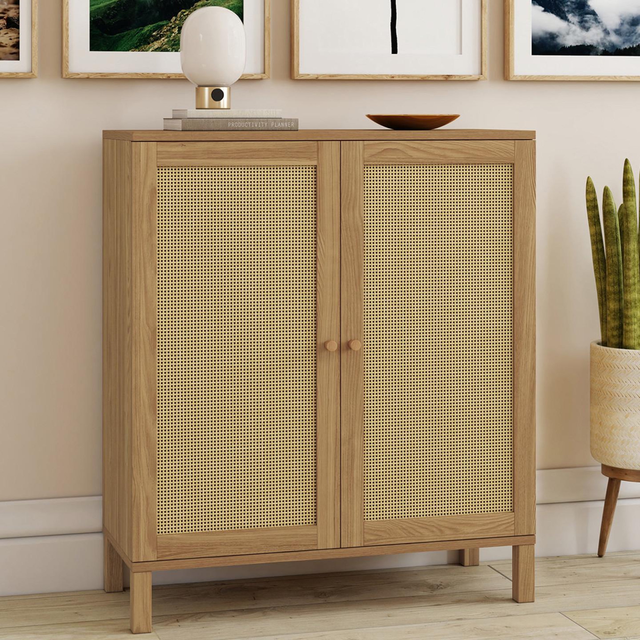 Voir la diapositive 2 : ID MARKET Buffet d'appoint vintage 2 portes 70 cm hanae effet naturel cannage