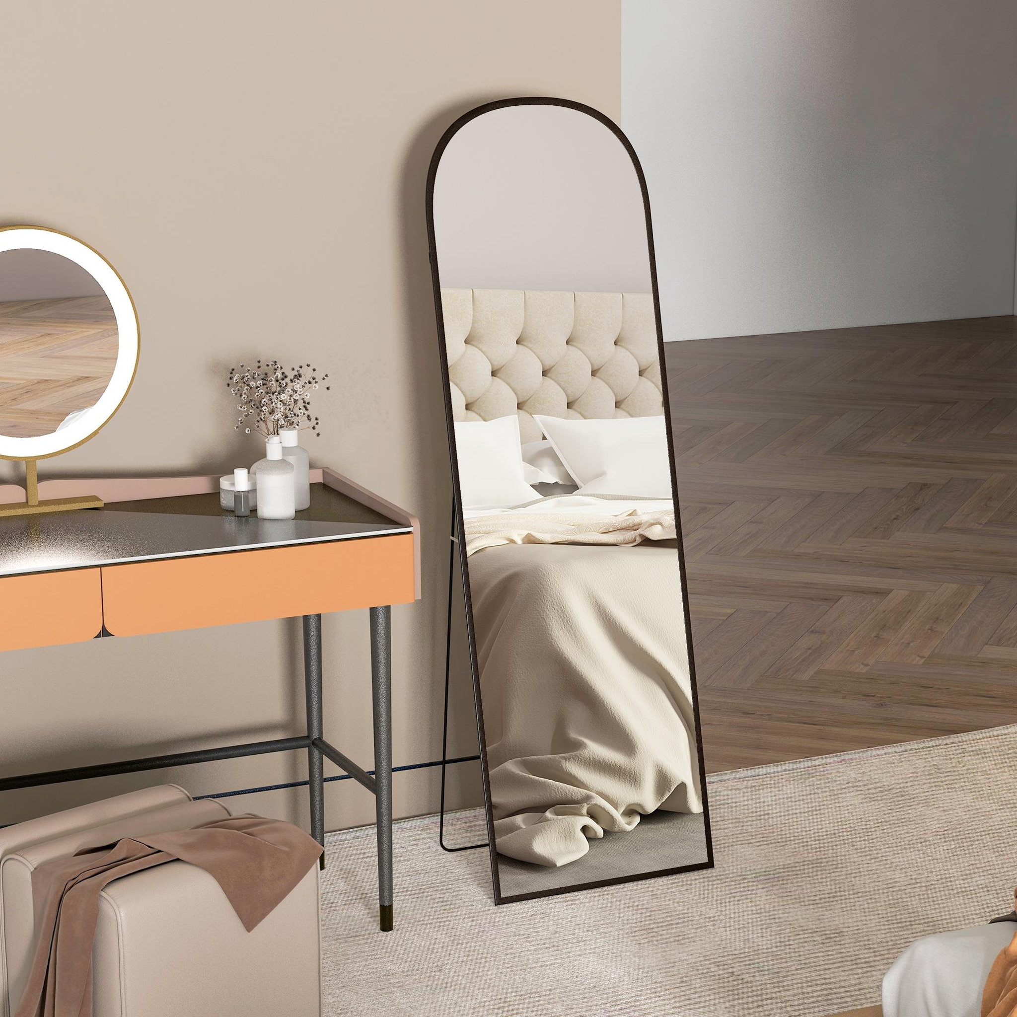 Voir la diapositive 4 : HOMCOM Miroir sur pied - miroir mural rectangulaire arrondi - dim. 50L x 161,5H cm - alu. noir