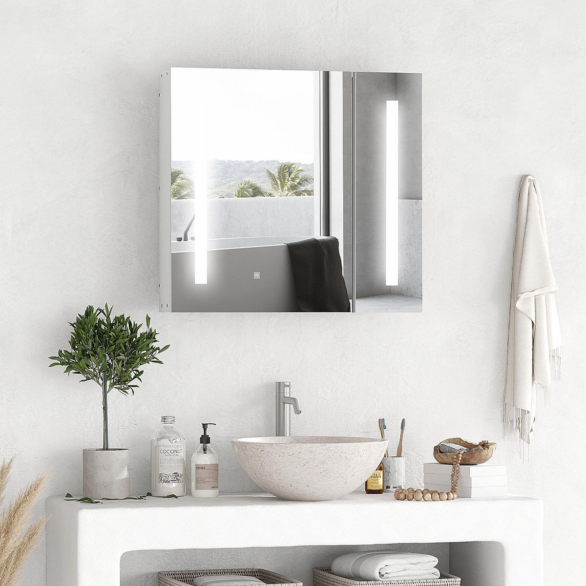 KLEANKIN Armoire de toilette miroir lumineux LED 2 portes 3 niv. blanc