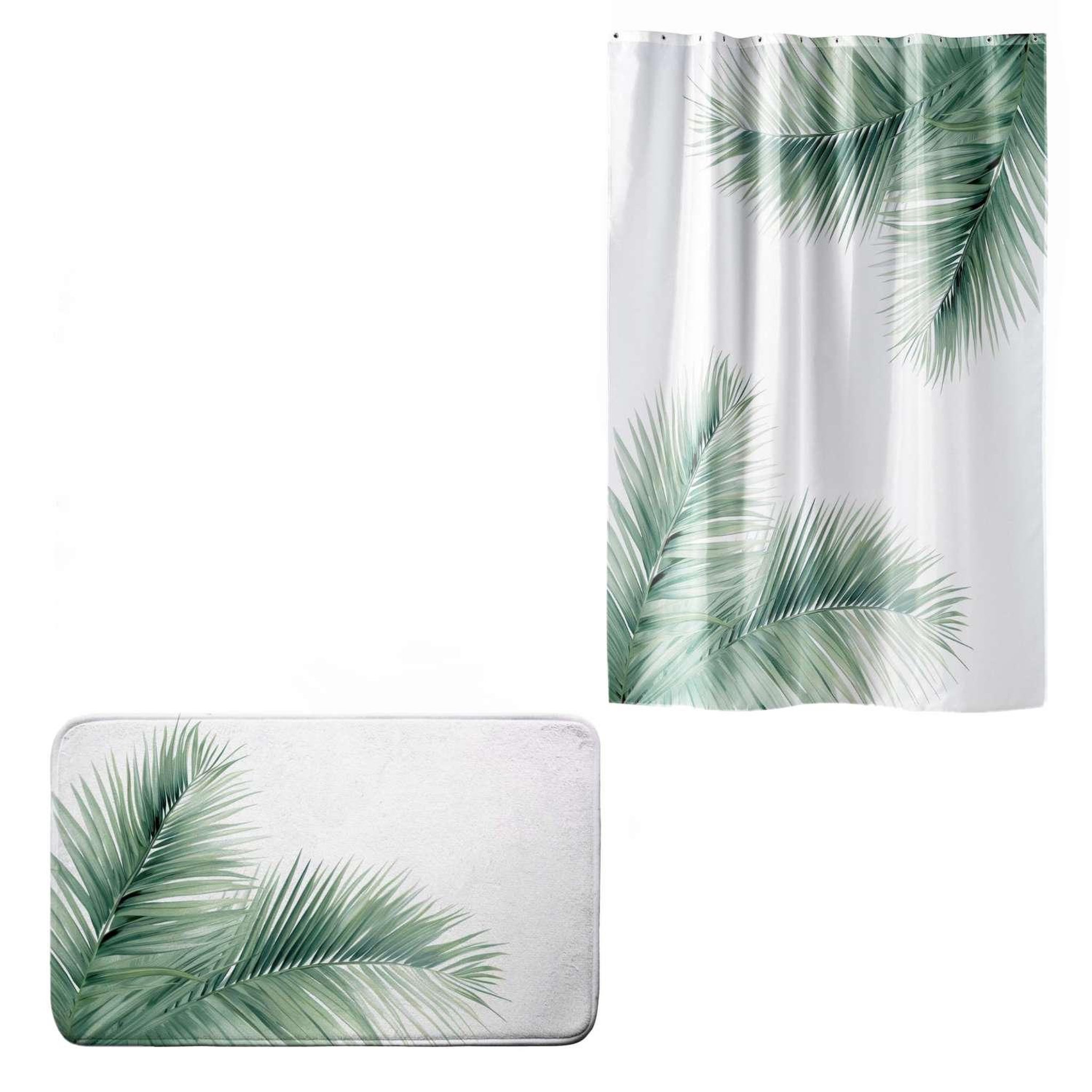 TOILINUX Rideau de douche et tapis de bain varadero - blanc et vert