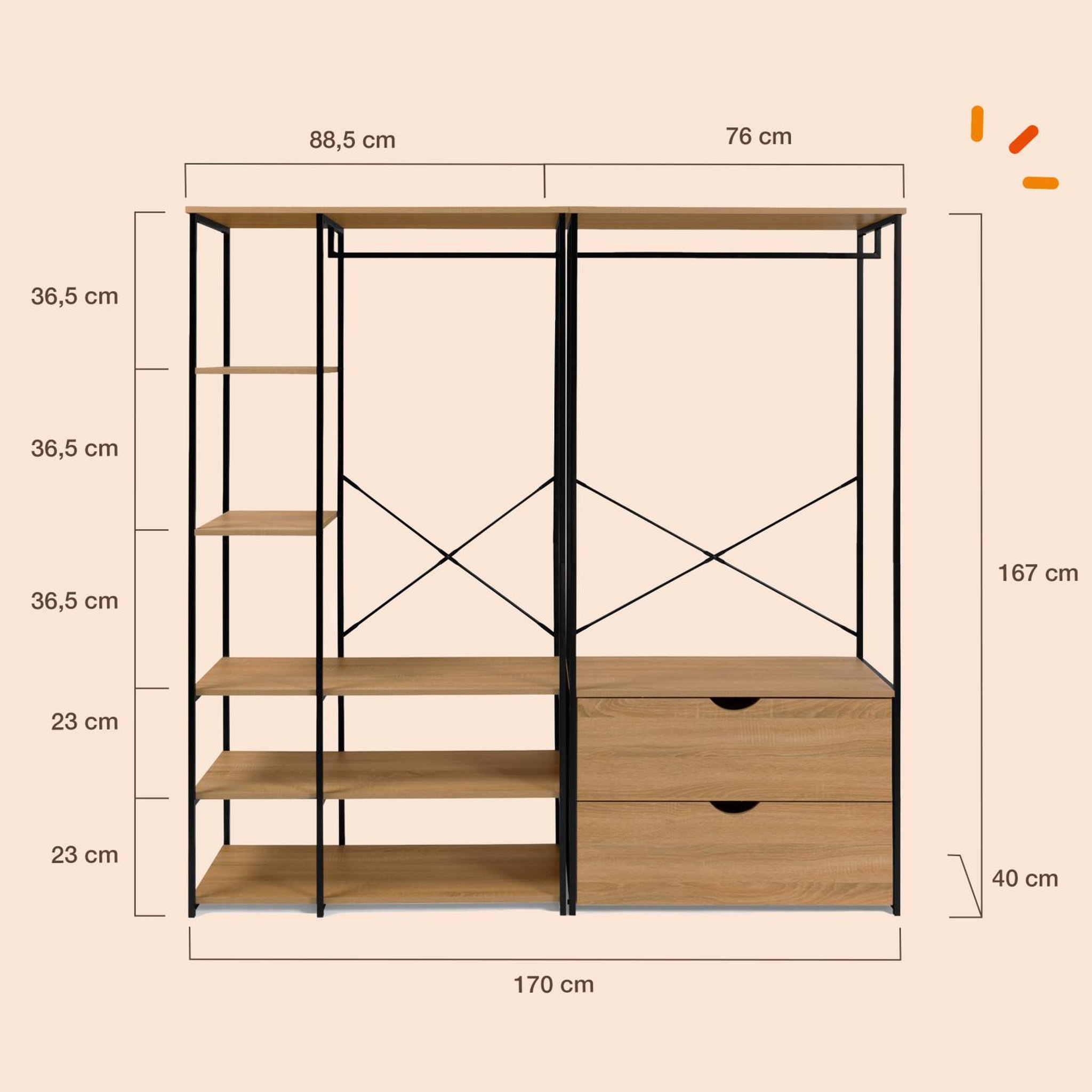 Voir la diapositive 3 : ID MARKET Dressing modulable double penderie étagères et 2 tiroirs detroit design industriel