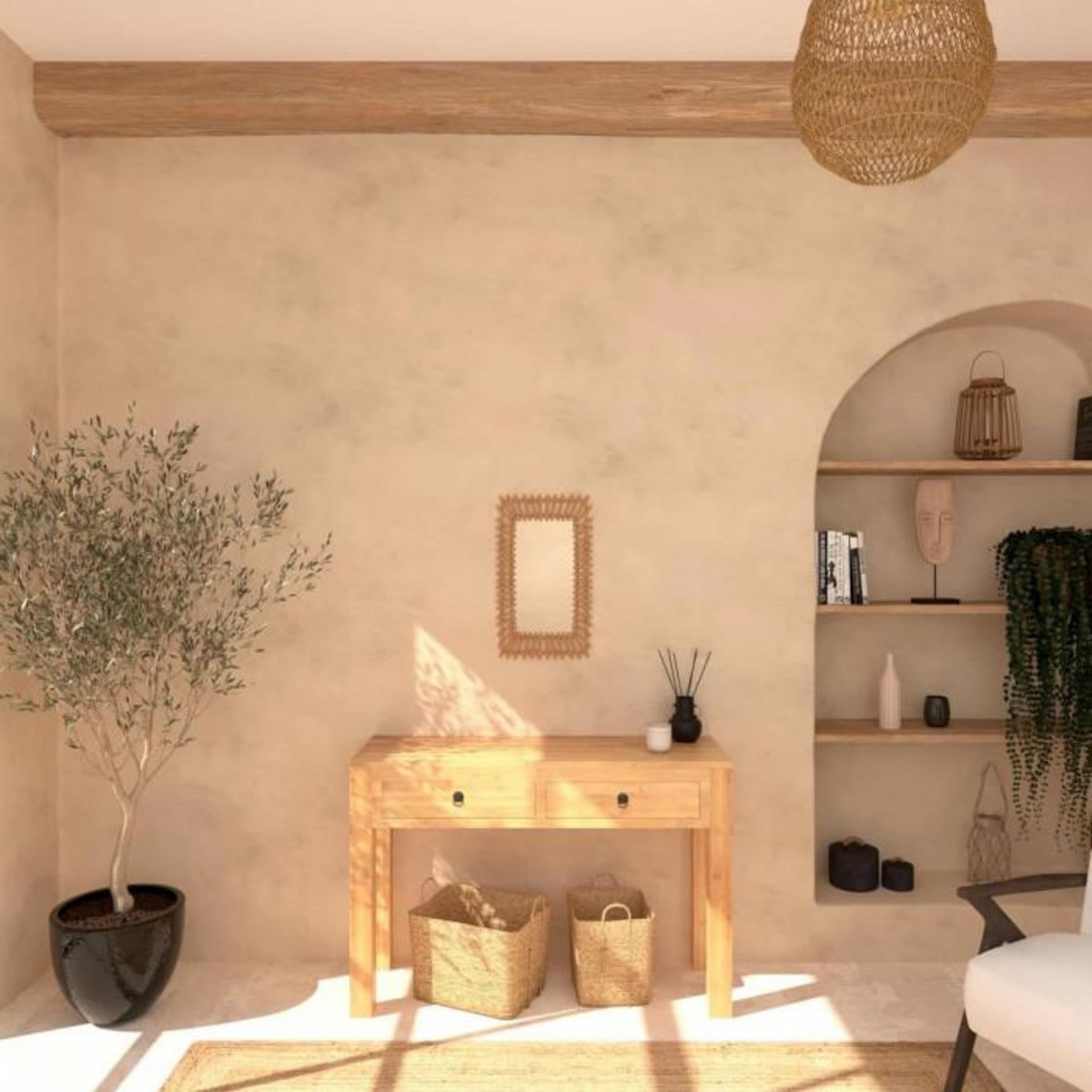 ATMOSPHERA Miroir Mural en Rotin  Rectangle  58cm Beige