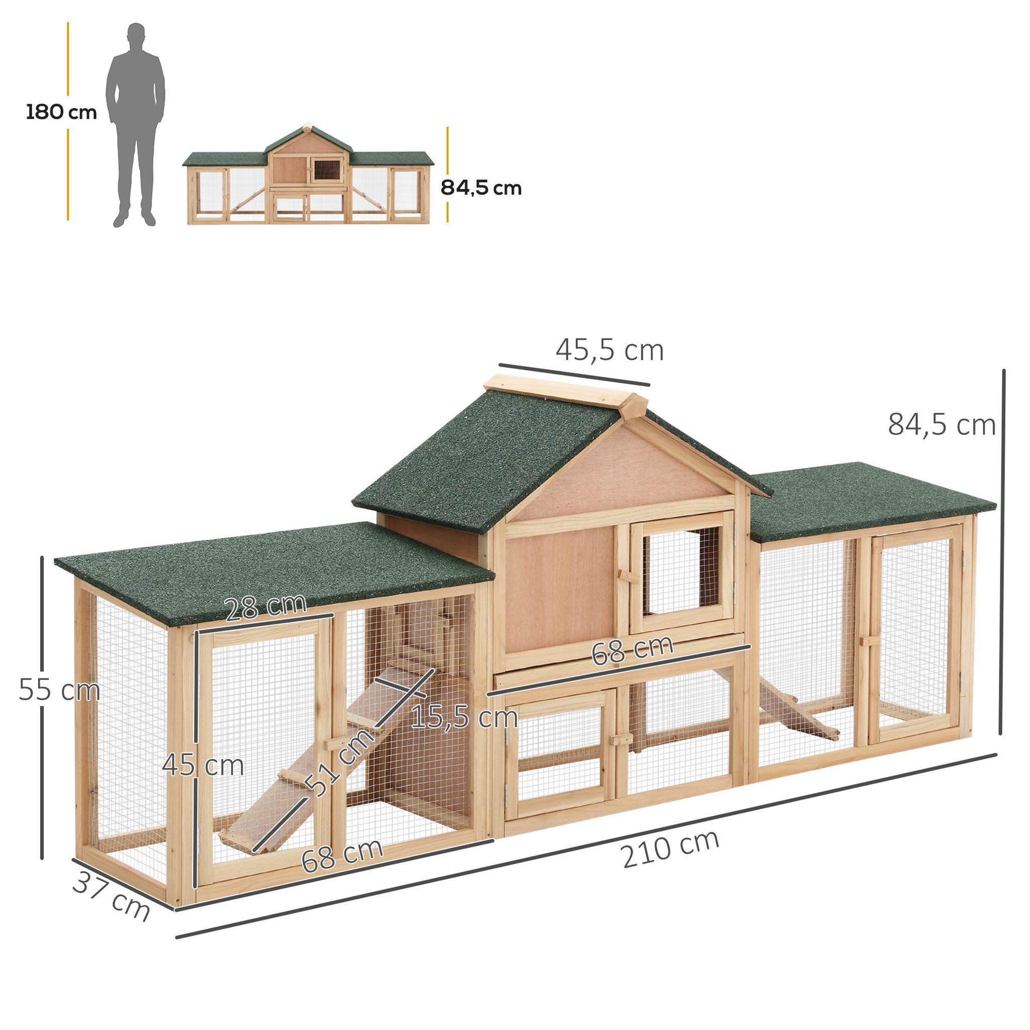 Voir la diapositive 3 : PAWHUT Clapier cage à lapins rongeurs xxl 2 étages toit bitumé intégral tiroir déjection 2,10l x 0,46l x 0,85h m bois massif pin pré-huilé