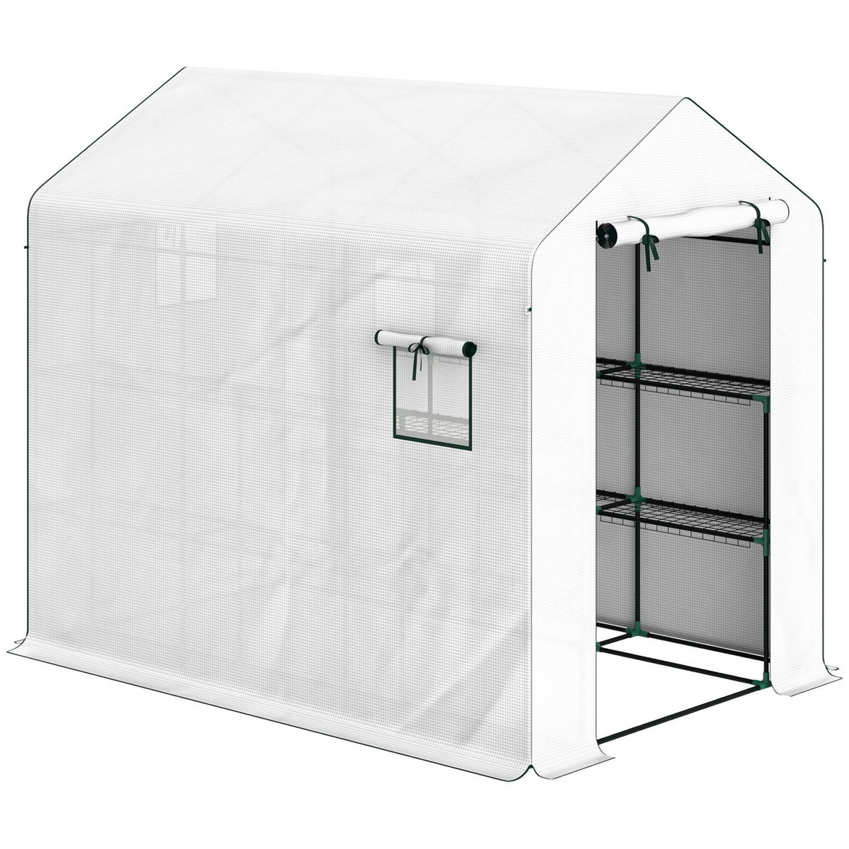OUTSUNNY Serre de jardin 4 étagères - porte enroulable zippée, 2 fenêtres - 143 x 215 x 190 cm - acier vert PE blanc