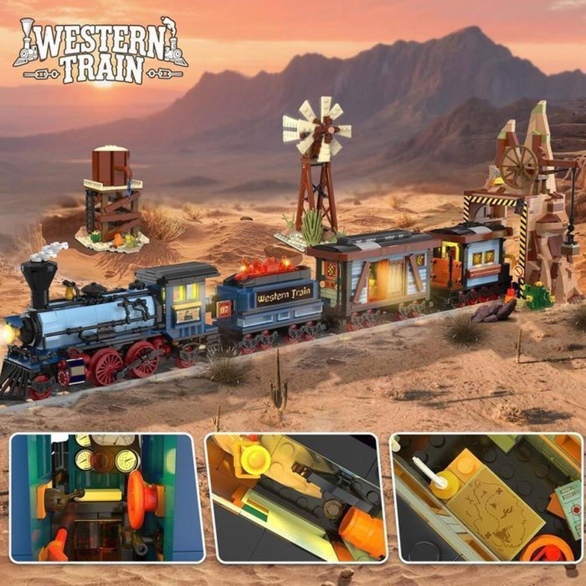 Voir la diapositive 2 : Ensemble de construction train statique Far West 1912 pièces avec rails vintage, moulin à vent rotatif, château d'eau rustique et éclairage LED