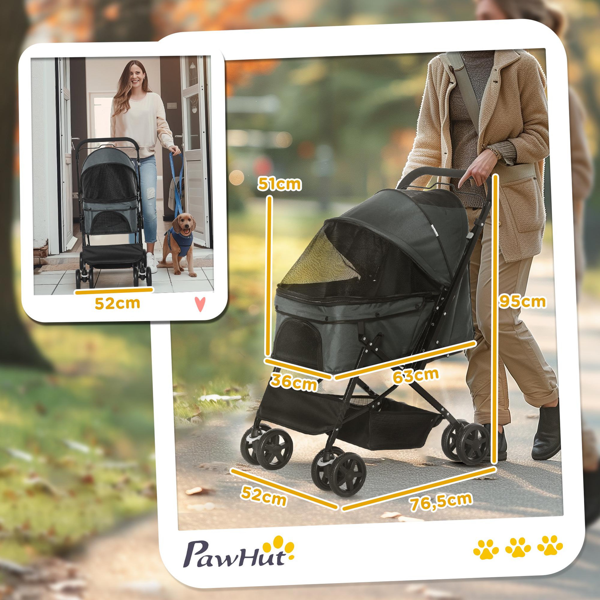Voir la diapositive 3 : PAWHUT Poussette buggy pliable chien chat panier et sac de rangement attaches sécurité housse réglable poignée réglable acier oxford gris