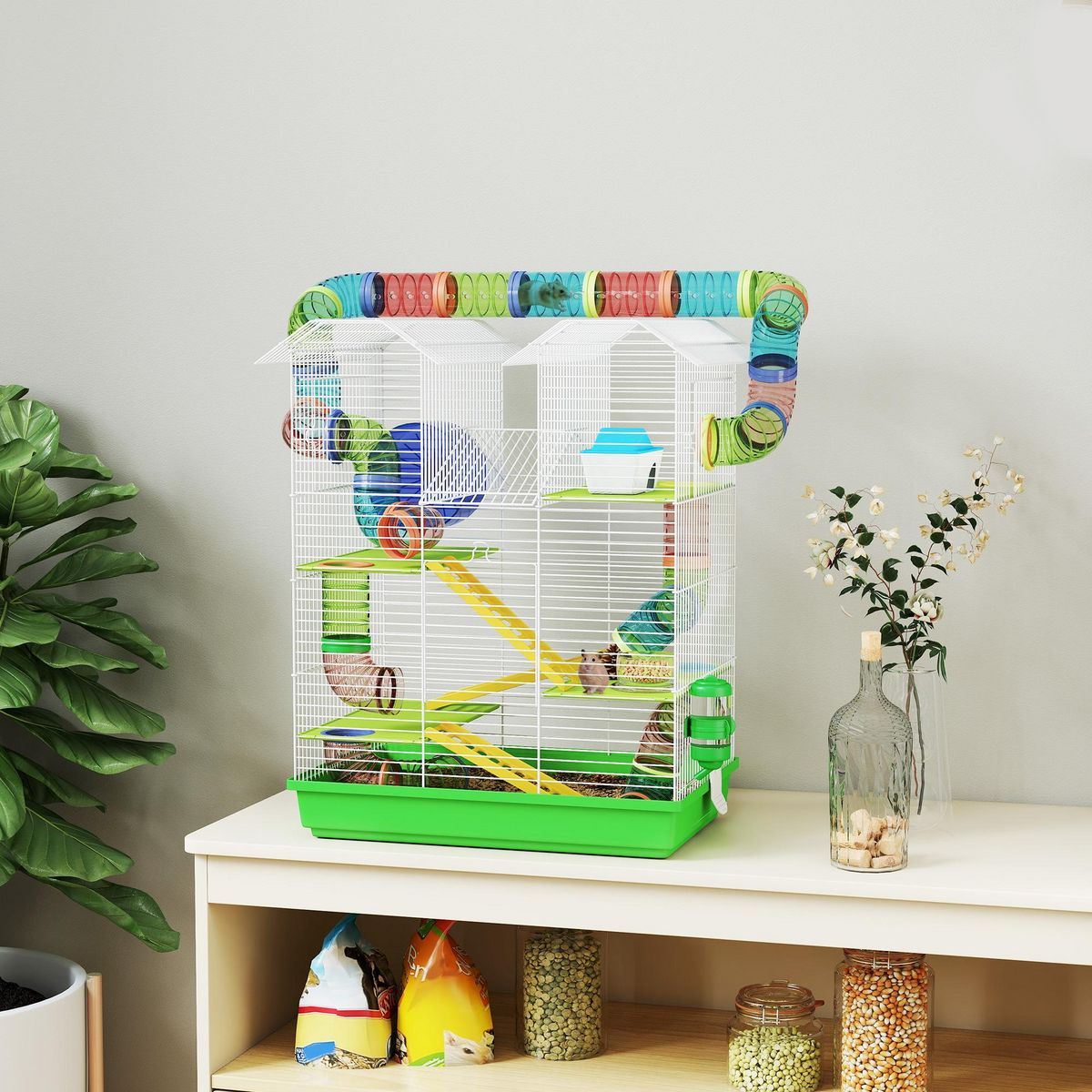 PAWHUT Cage pour hamster souris petits animaux rongeur avec tunnel mangeoire roue jouet 47 x 30 x 59 cm cm bleu